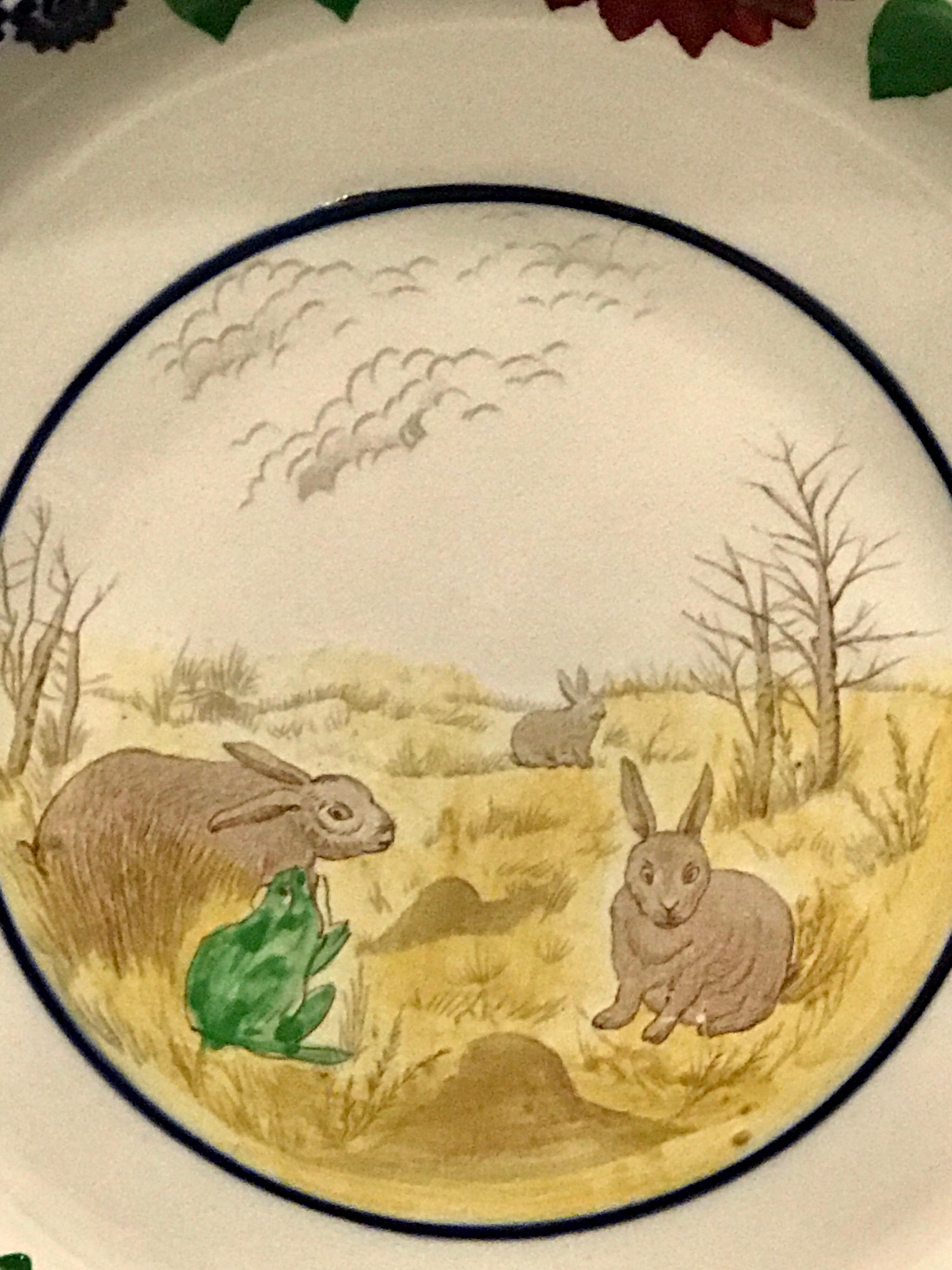 19th Century English Rabbit & Frog Stick Spatter Seven-Piece Supper Set For Sale