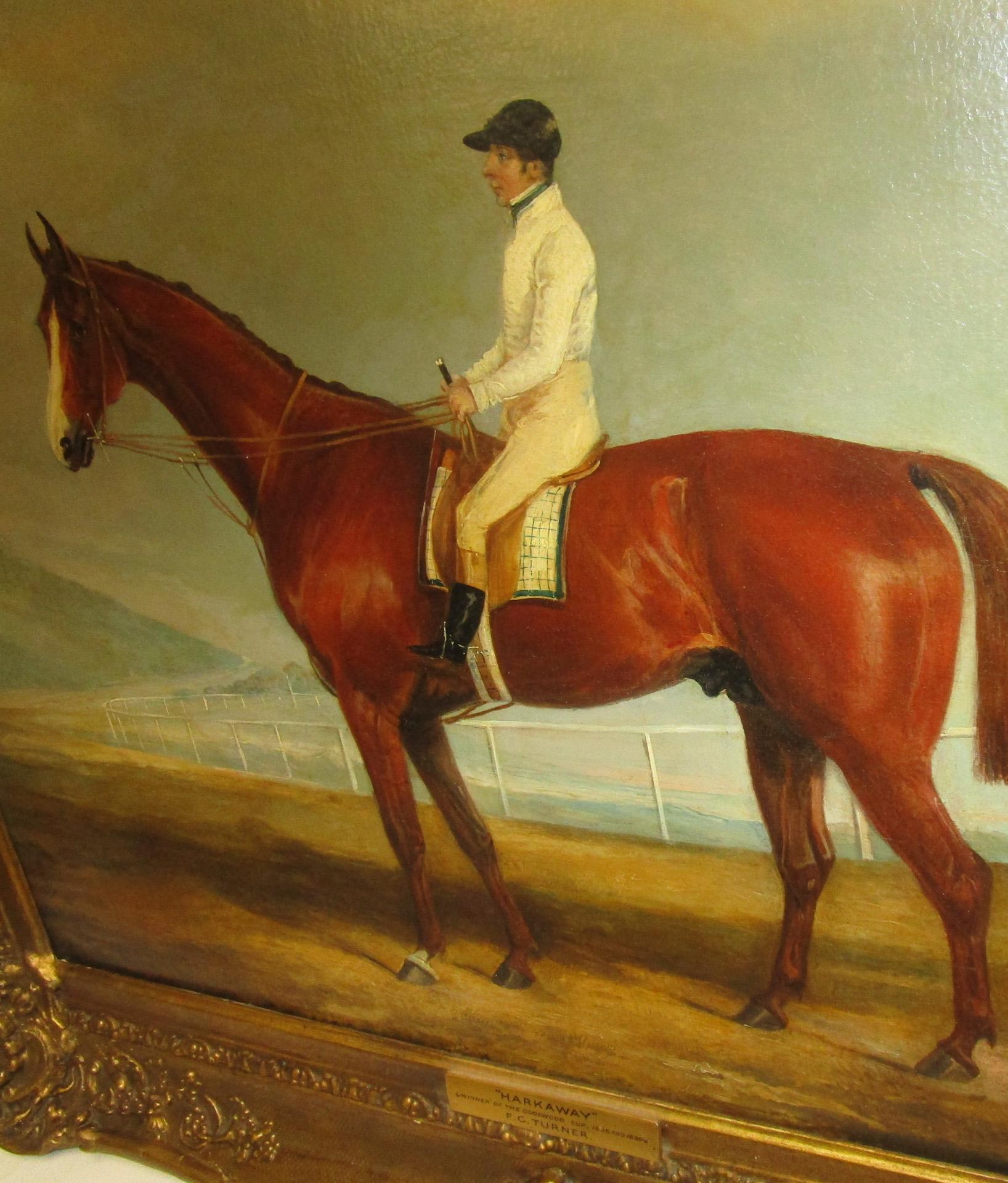 Oiled English Racehorse Oil Painting by F. C. Turner 1839 Harkaway Winner Goodwood Cup