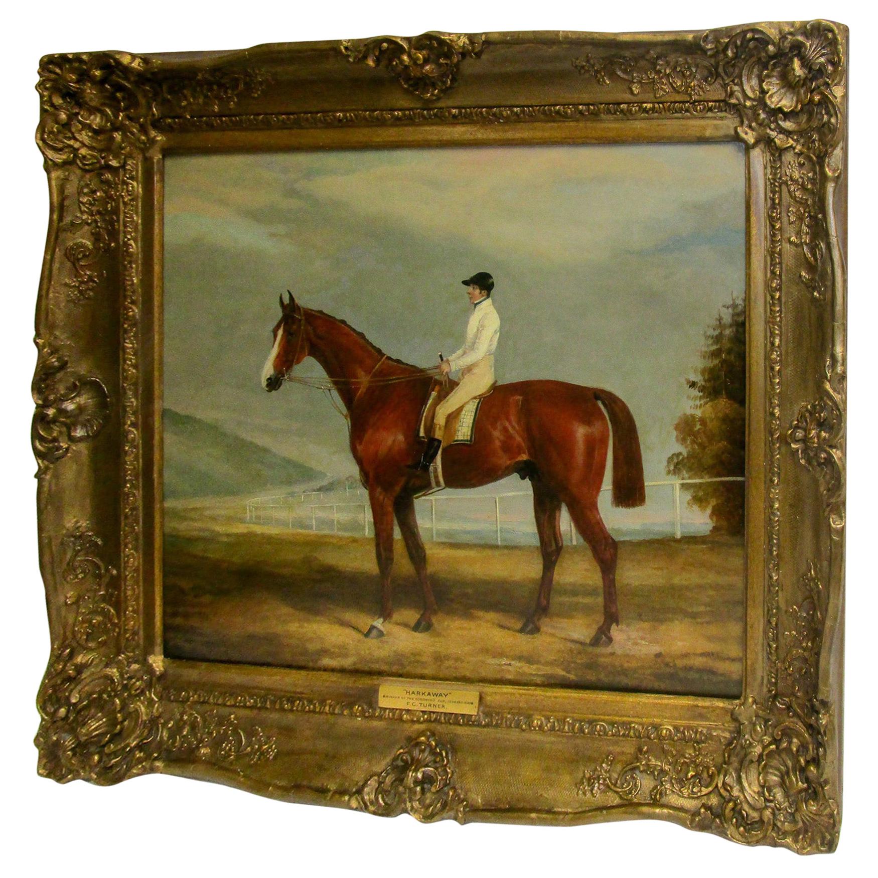 English Racehorse Oil Painting by F. C. Turner 1839 Harkaway Winner Goodwood Cup