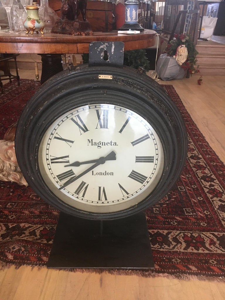 Spectacular Monumental English Railroad Station Clock On Custom Iron Stand. For Sale at 1stdibs