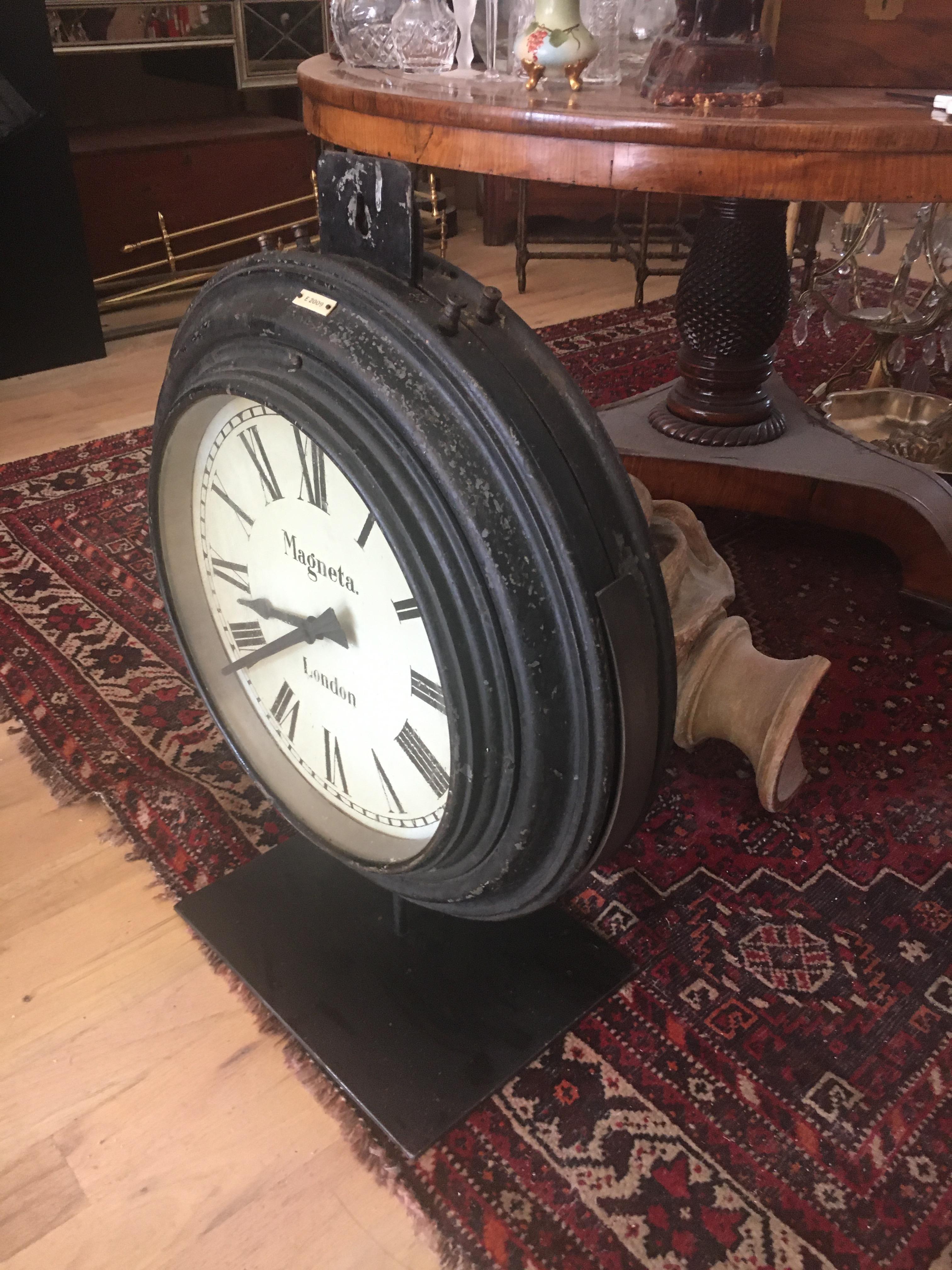 British Spectacular Monumental English Railroad Station Clock On Custom Iron Stand. For Sale