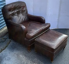 English Ralph Lauren Style Tufted Leather and Brass Club Chair and Ottoman