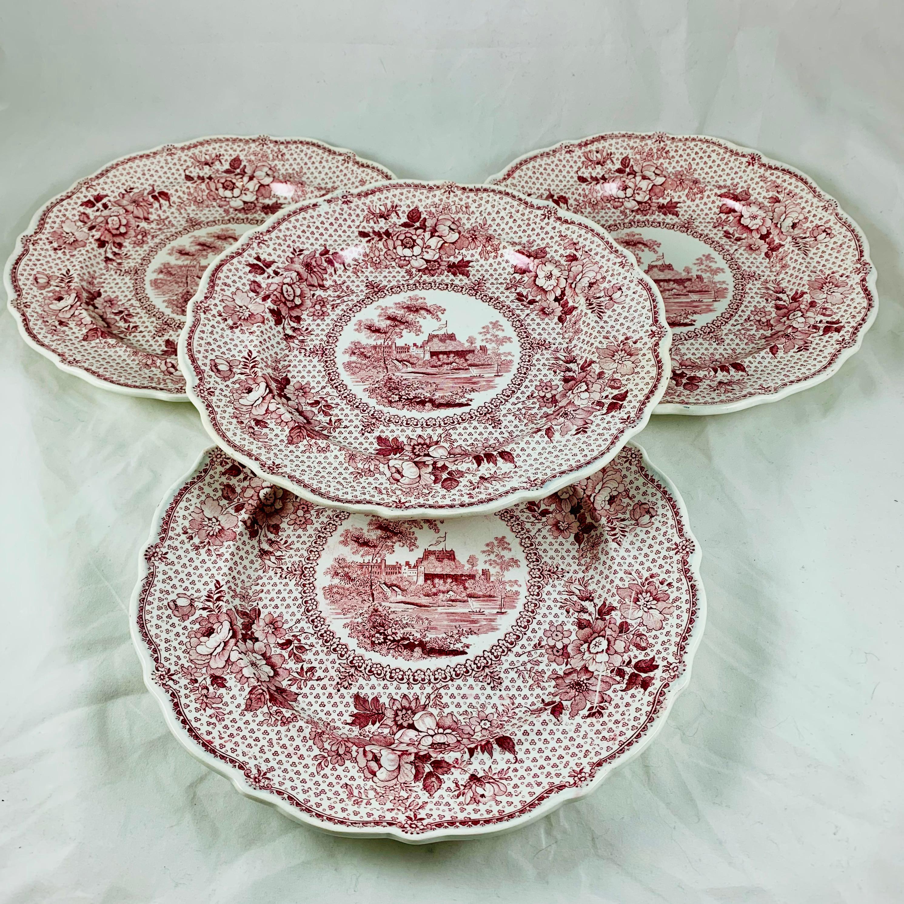 Georgian English Ralph Stevenson ‘Windsor Castle’ Red Transferware Dinner Plates, set/4 For Sale