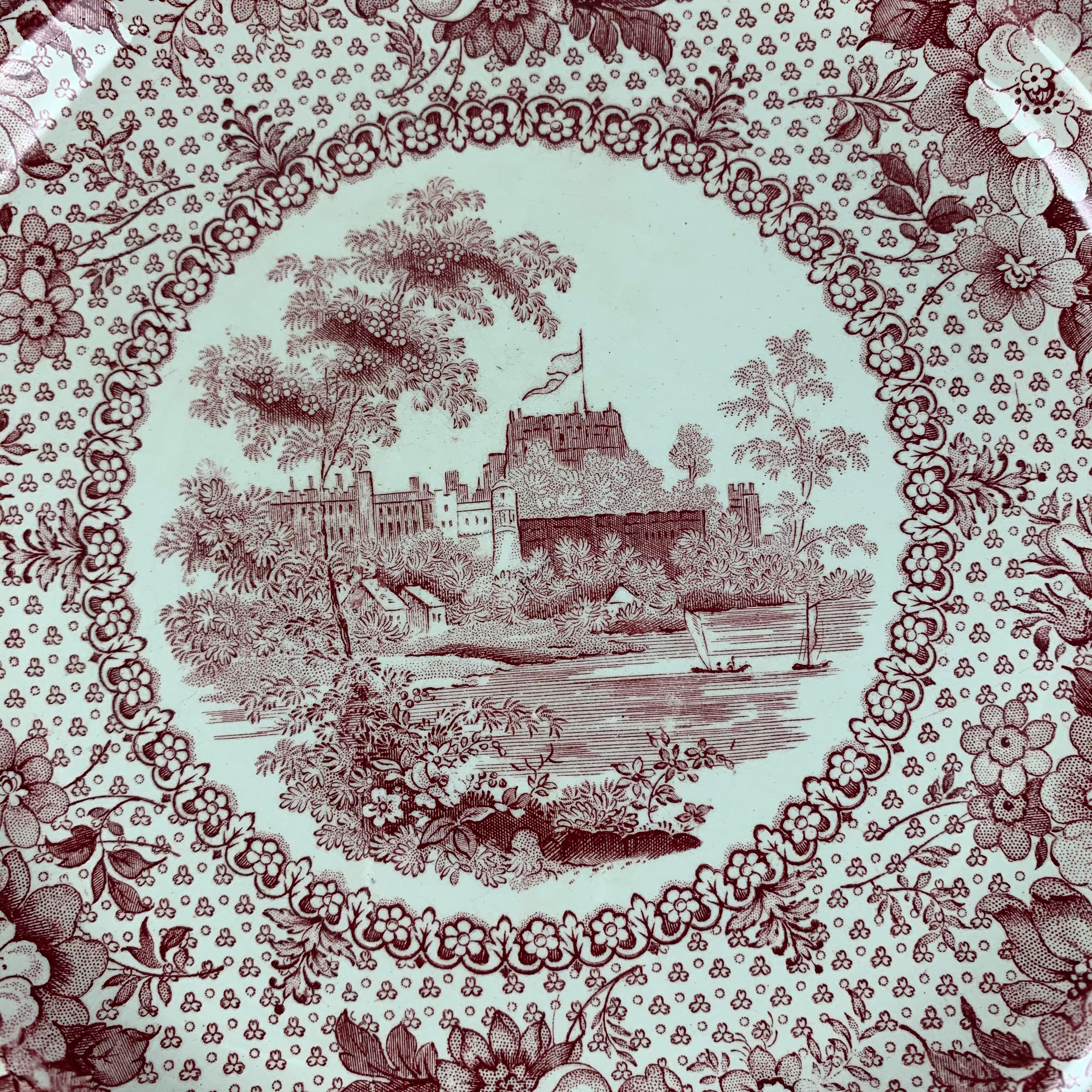 Glazed English Ralph Stevenson ‘Windsor Castle’ Red Transferware Dinner Plates, set/4 For Sale