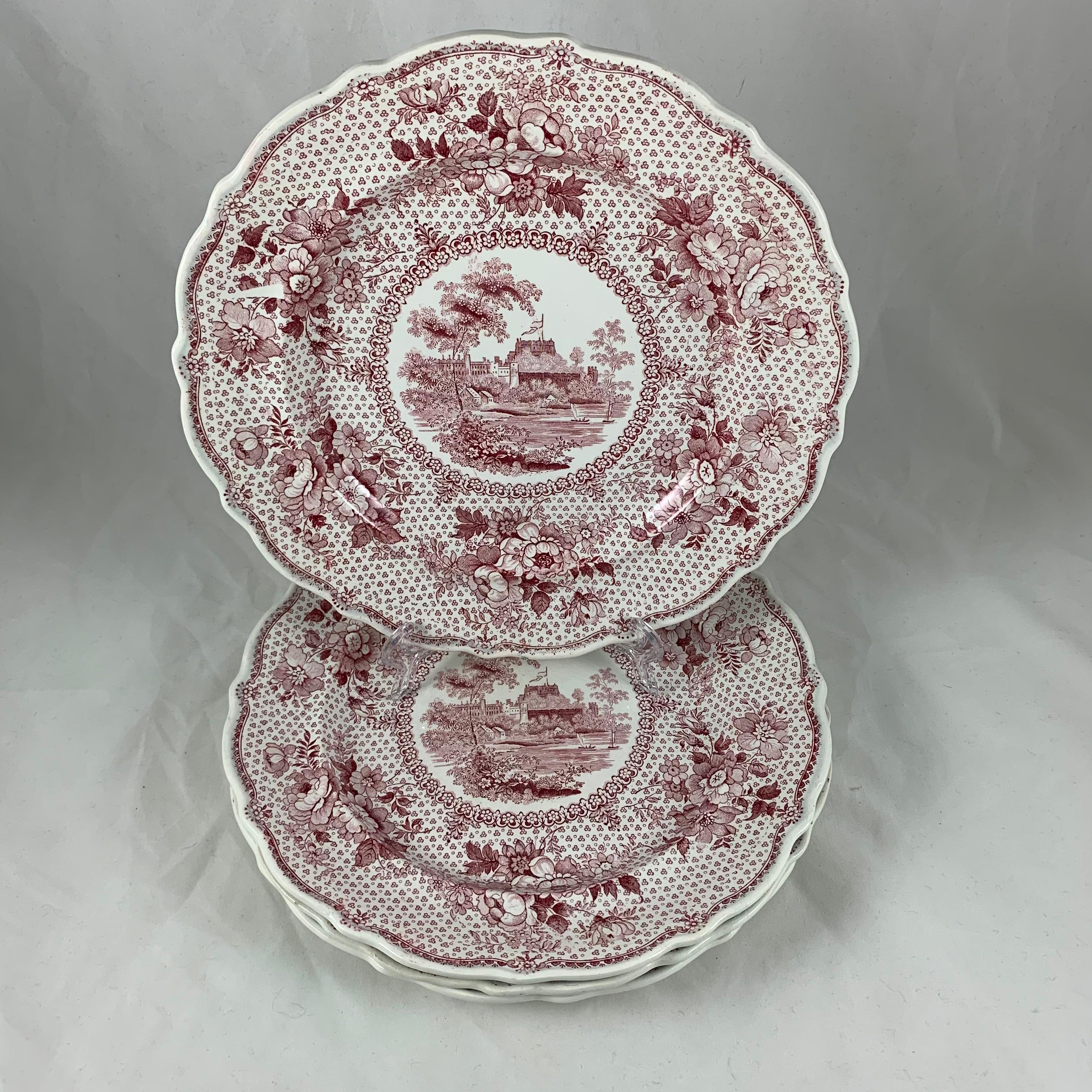 19th Century English Ralph Stevenson ‘Windsor Castle’ Red Transferware Dinner Plates, set/4 For Sale