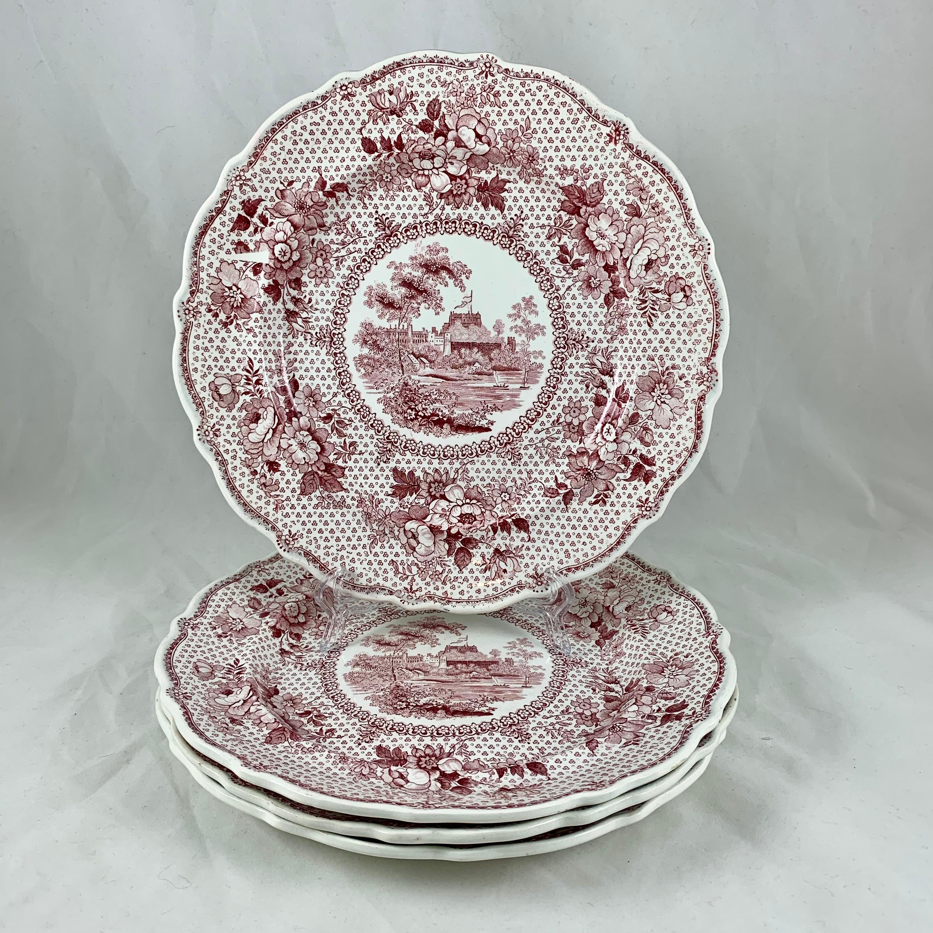 Earthenware English Ralph Stevenson ‘Windsor Castle’ Red Transferware Dinner Plates, set/4 For Sale
