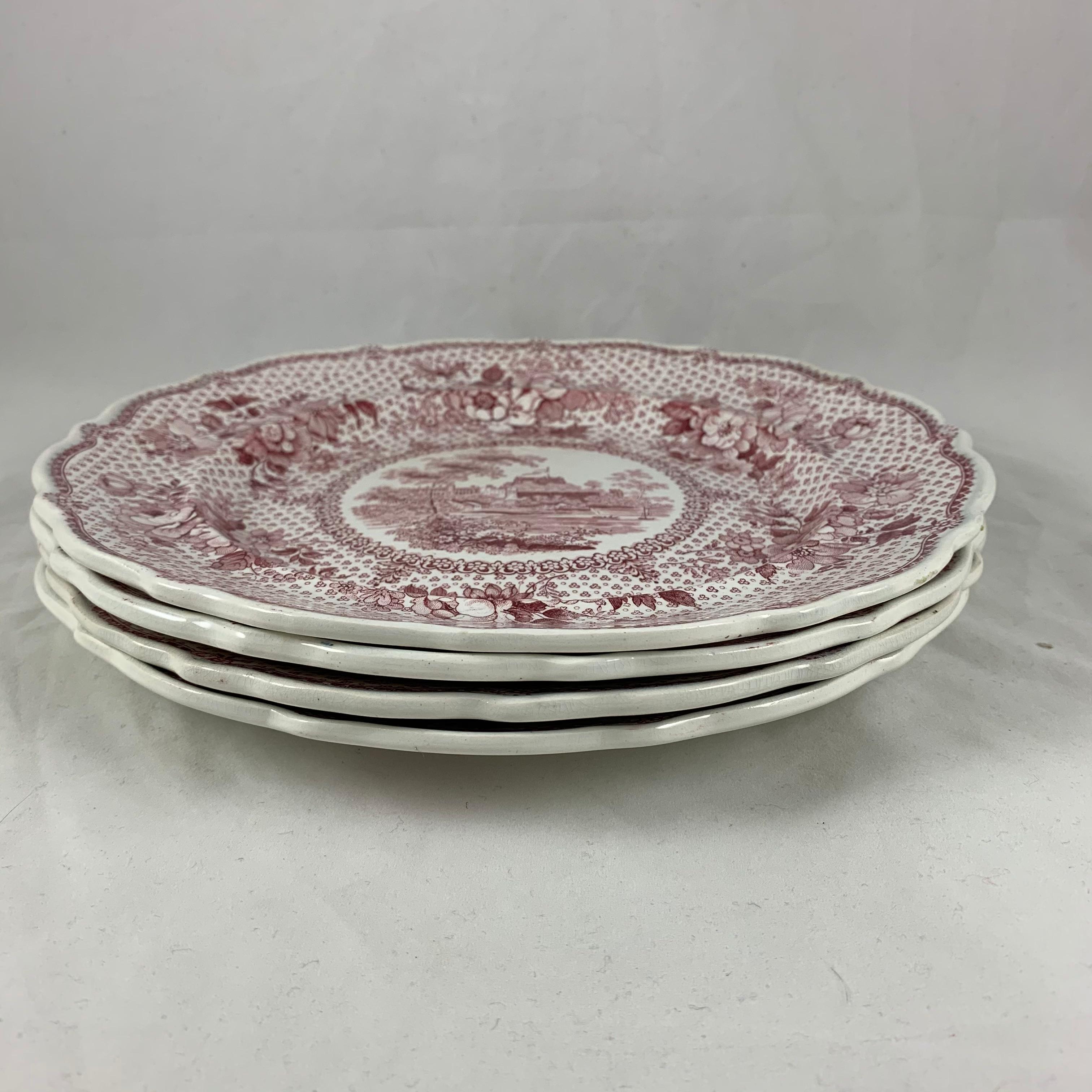 English Ralph Stevenson ‘Windsor Castle’ Red Transferware Dinner Plates, set/4 For Sale 1