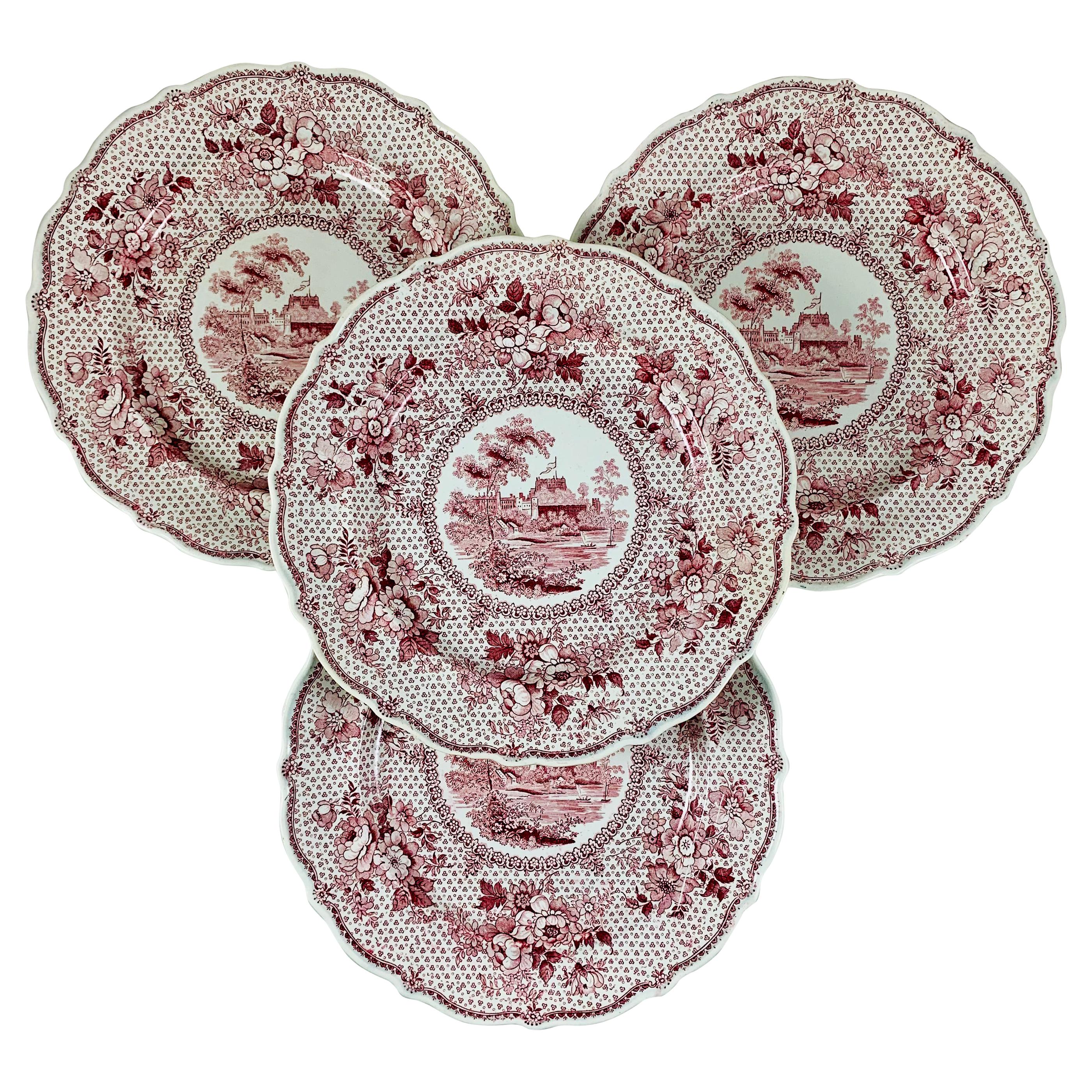 English Ralph Stevenson ‘Windsor Castle’ Red Transferware Dinner Plates, set/4 For Sale