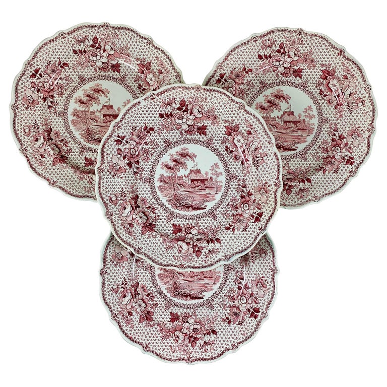 Assiettes plates en porcelaine anglaise Ralph Stevenson Windsor Castle  rouge transfert, ensemble/4 - En vente sur 1stDibs
