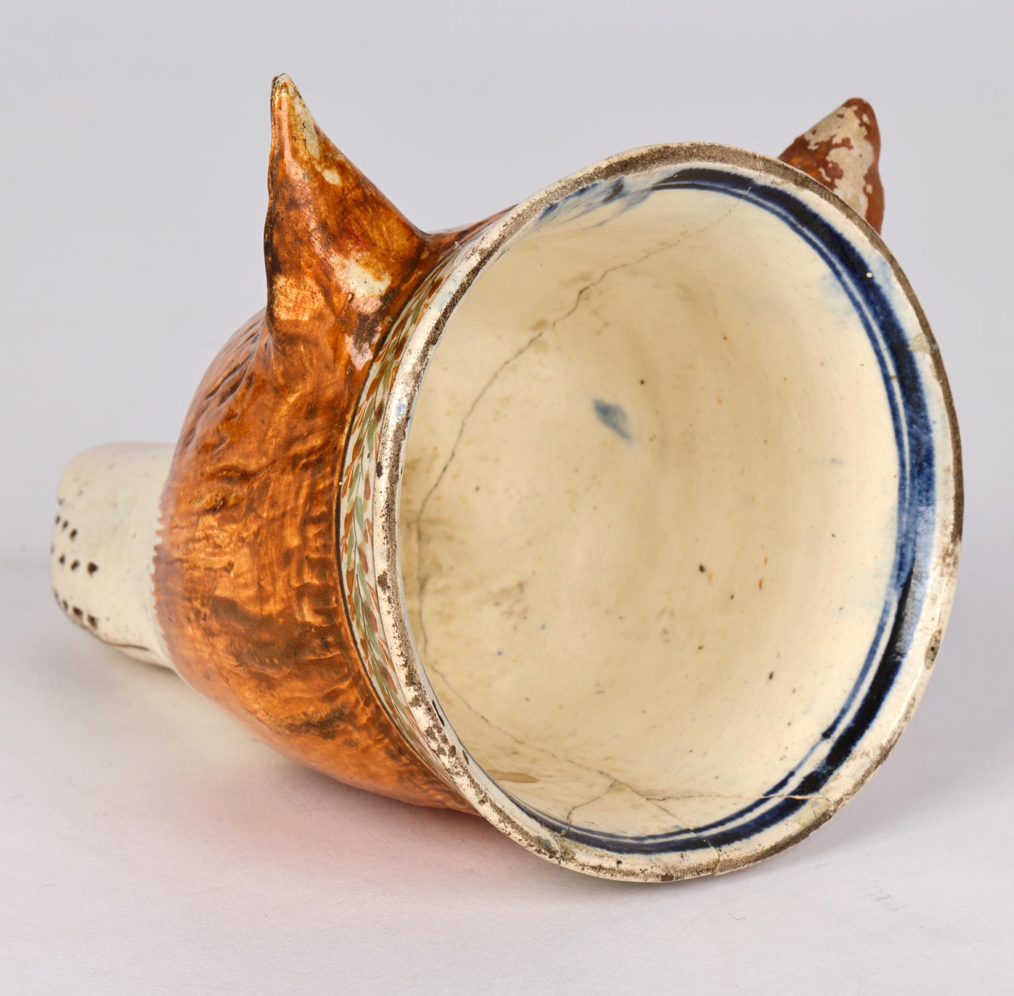 English Rare Creamware Pottery Initialled Fox Head Stirrup Cup For Sale 4