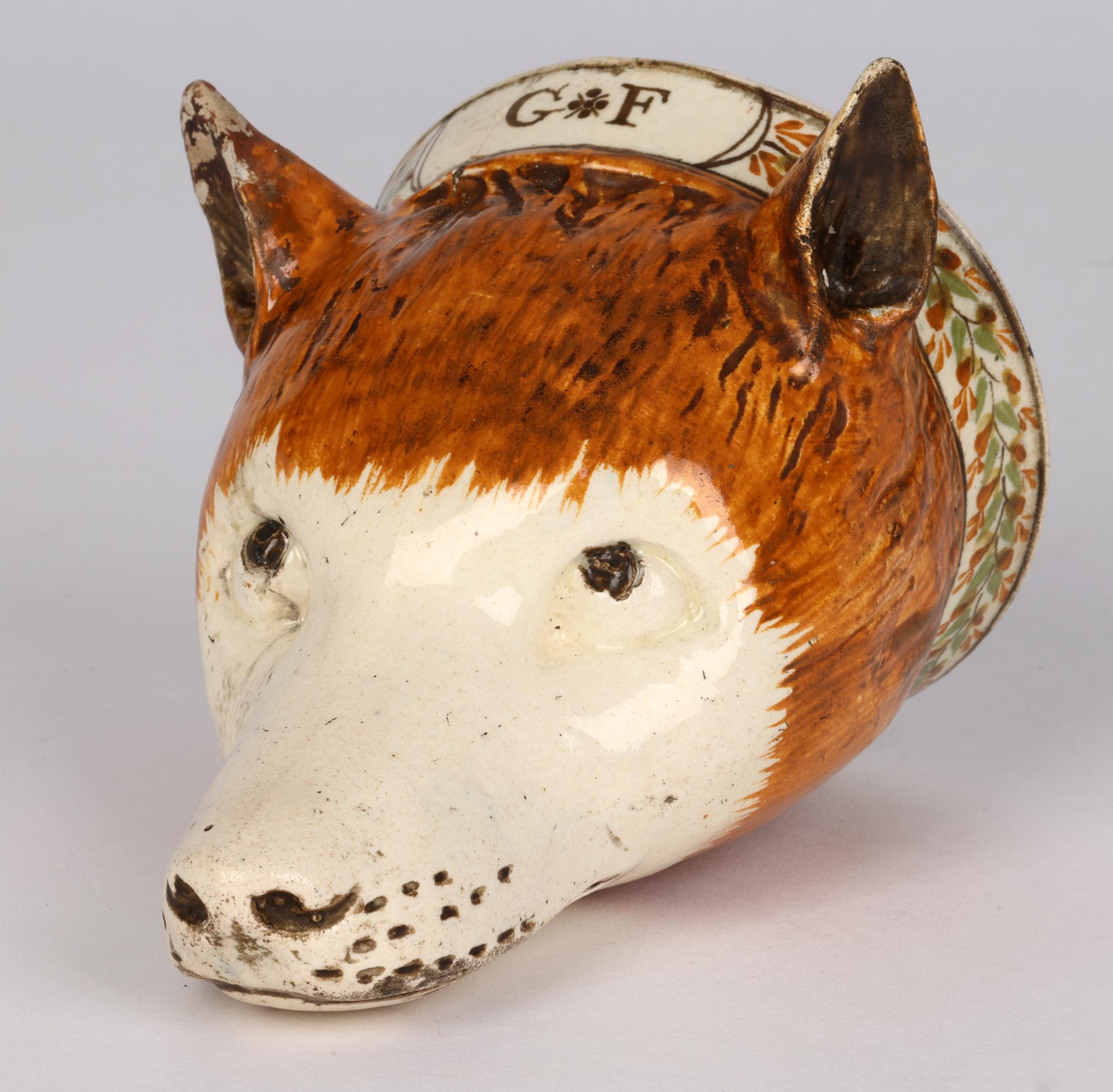 English Rare Creamware Pottery Initialled Fox Head Stirrup Cup For Sale 7