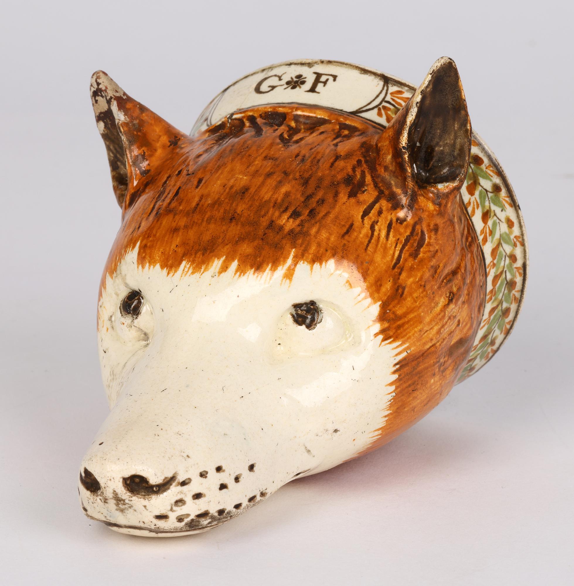 Hand-Crafted English Rare Creamware Pottery Initialled Fox Head Stirrup Cup For Sale