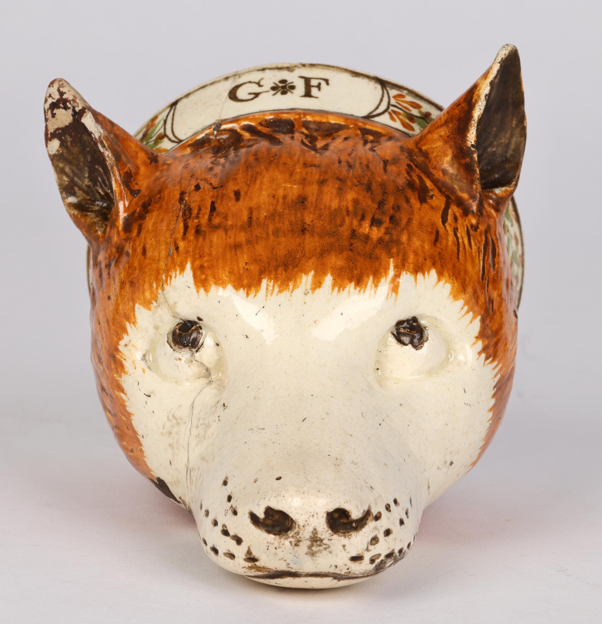 Late 18th Century English Rare Creamware Pottery Initialled Fox Head Stirrup Cup For Sale