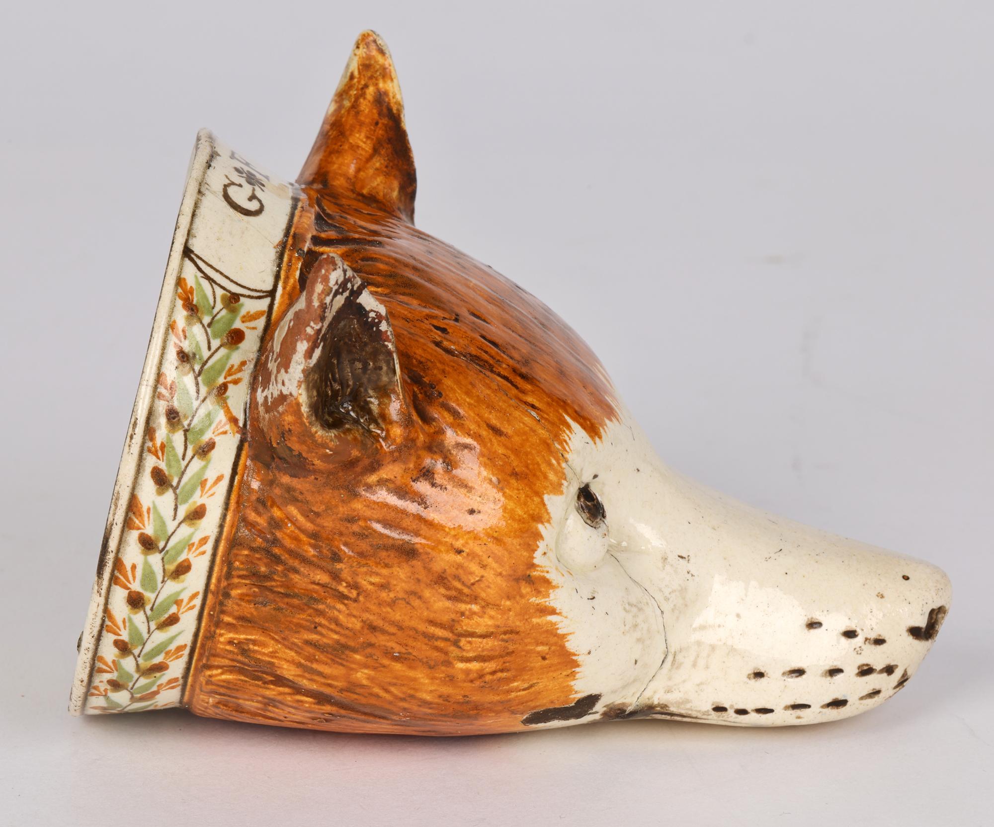 English Rare Creamware Pottery Initialled Fox Head Stirrup Cup For Sale 1