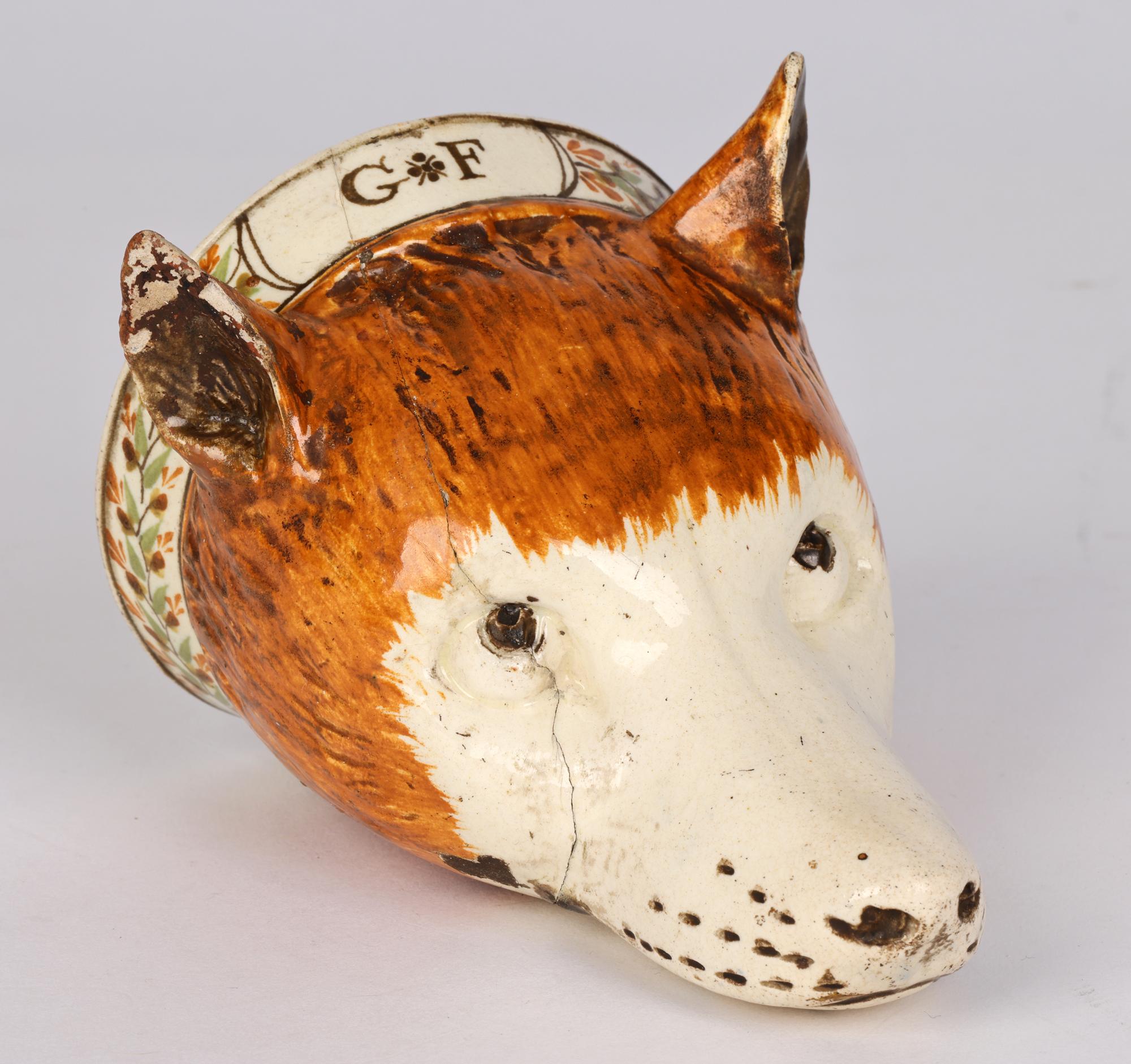 English Rare Creamware Pottery Initialled Fox Head Stirrup Cup For Sale 3