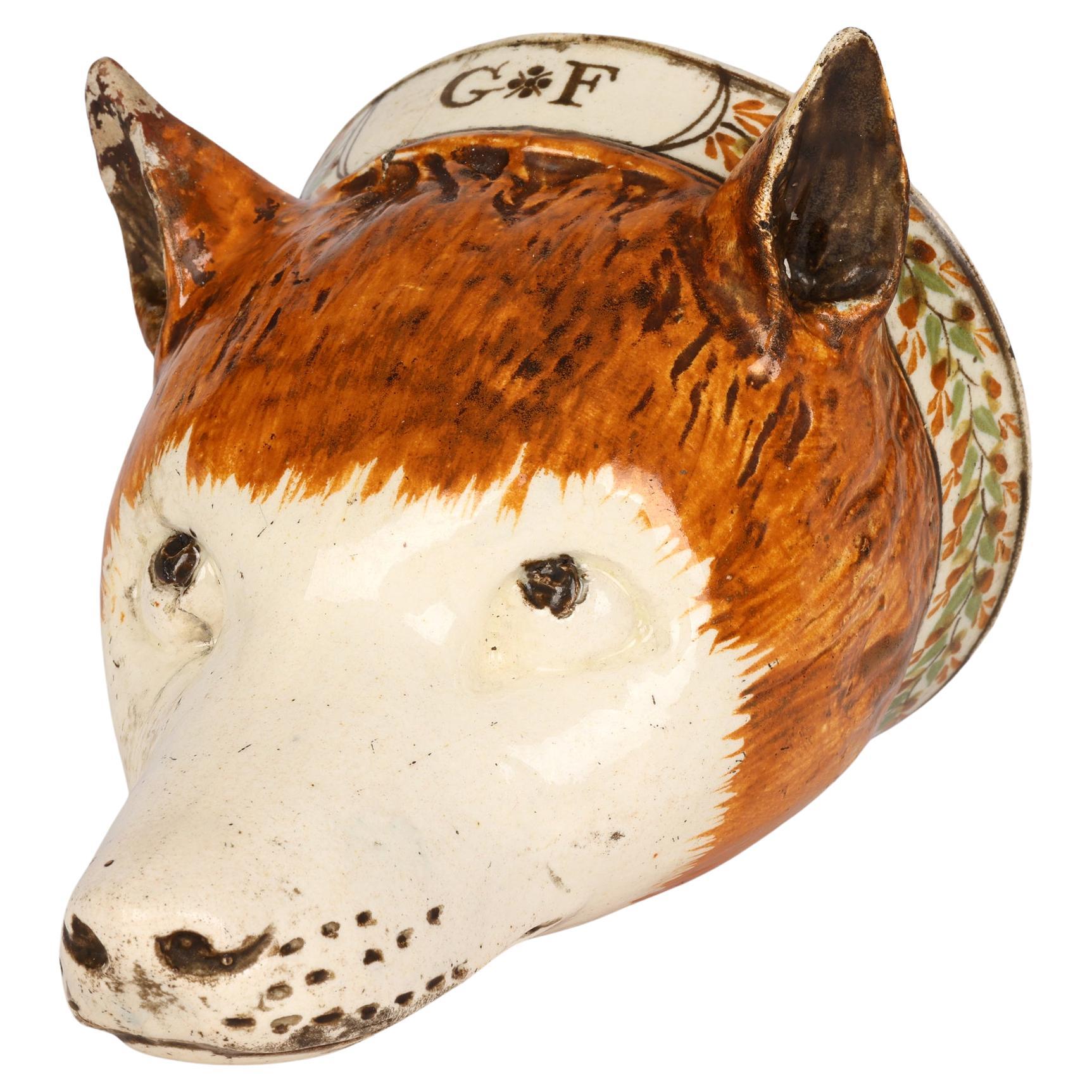 English Rare Creamware Pottery Initialled Fox Head Stirrup Cup For Sale