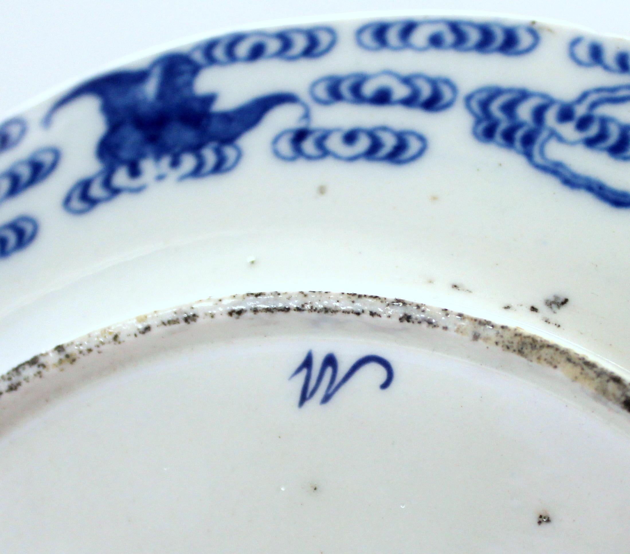 English Rare First Period Worcester Blue and White Porcelain Dragon Plate 9