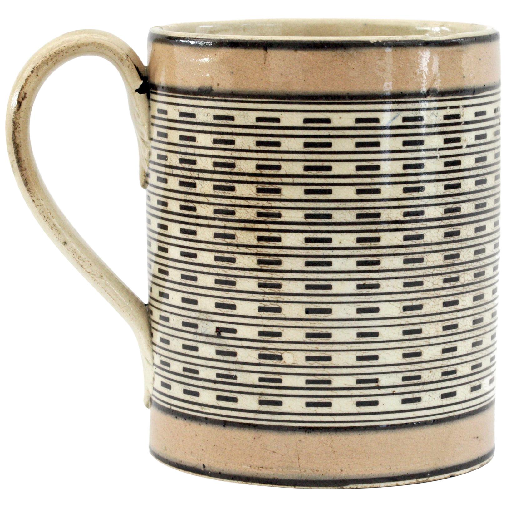 English Rare and Unusual Mochaware Slip Decorated Mug, Late 18th Century