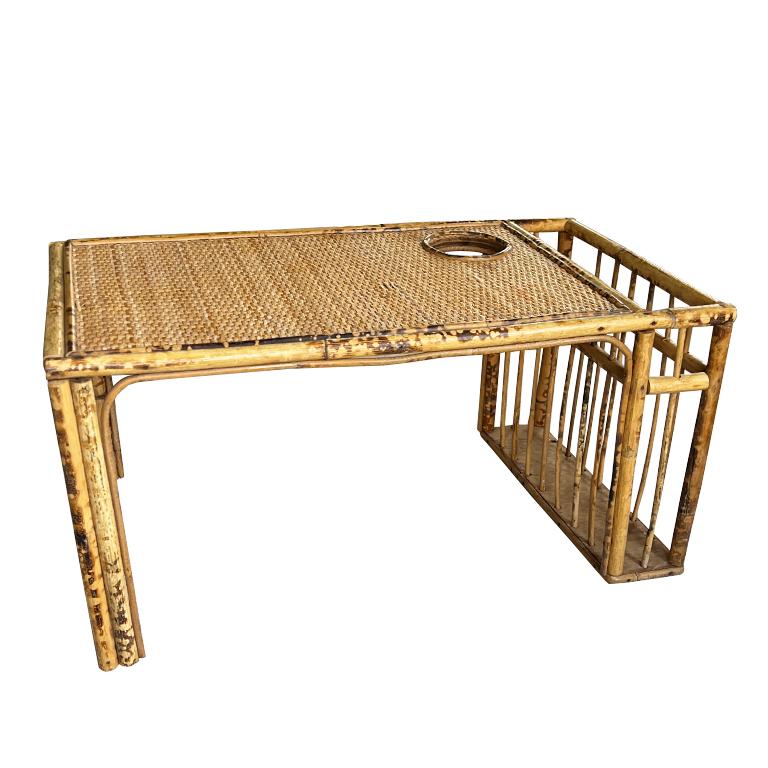 20th Century English Rattan and Bamboo Breakfast Bed Tray with Magazine Rack and Cup Holder For Sale