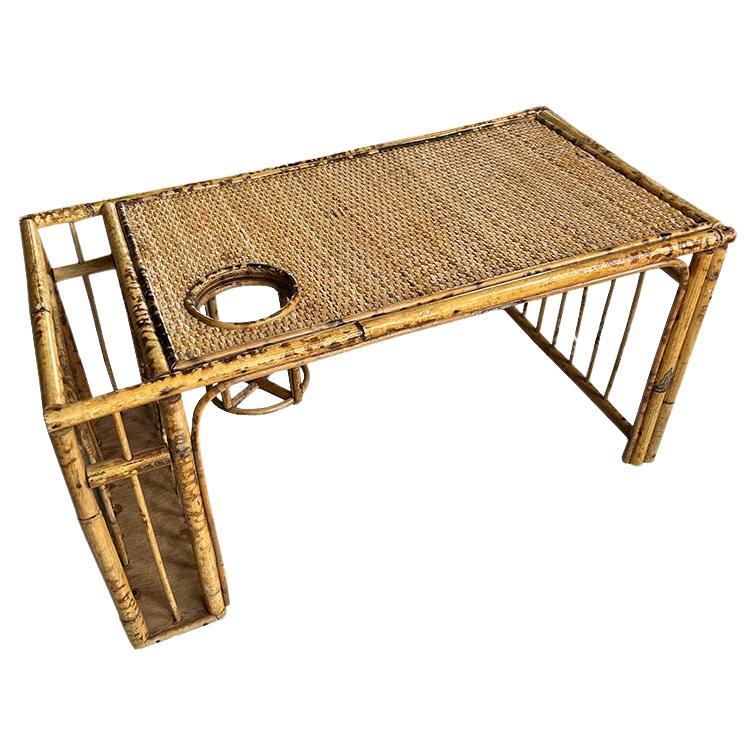English Rattan and Bamboo Breakfast Bed Tray with Magazine Rack and Cup Holder For Sale