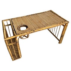 Vintage English Rattan and Bamboo Breakfast Bed Tray with Magazine Rack and Cup Holder