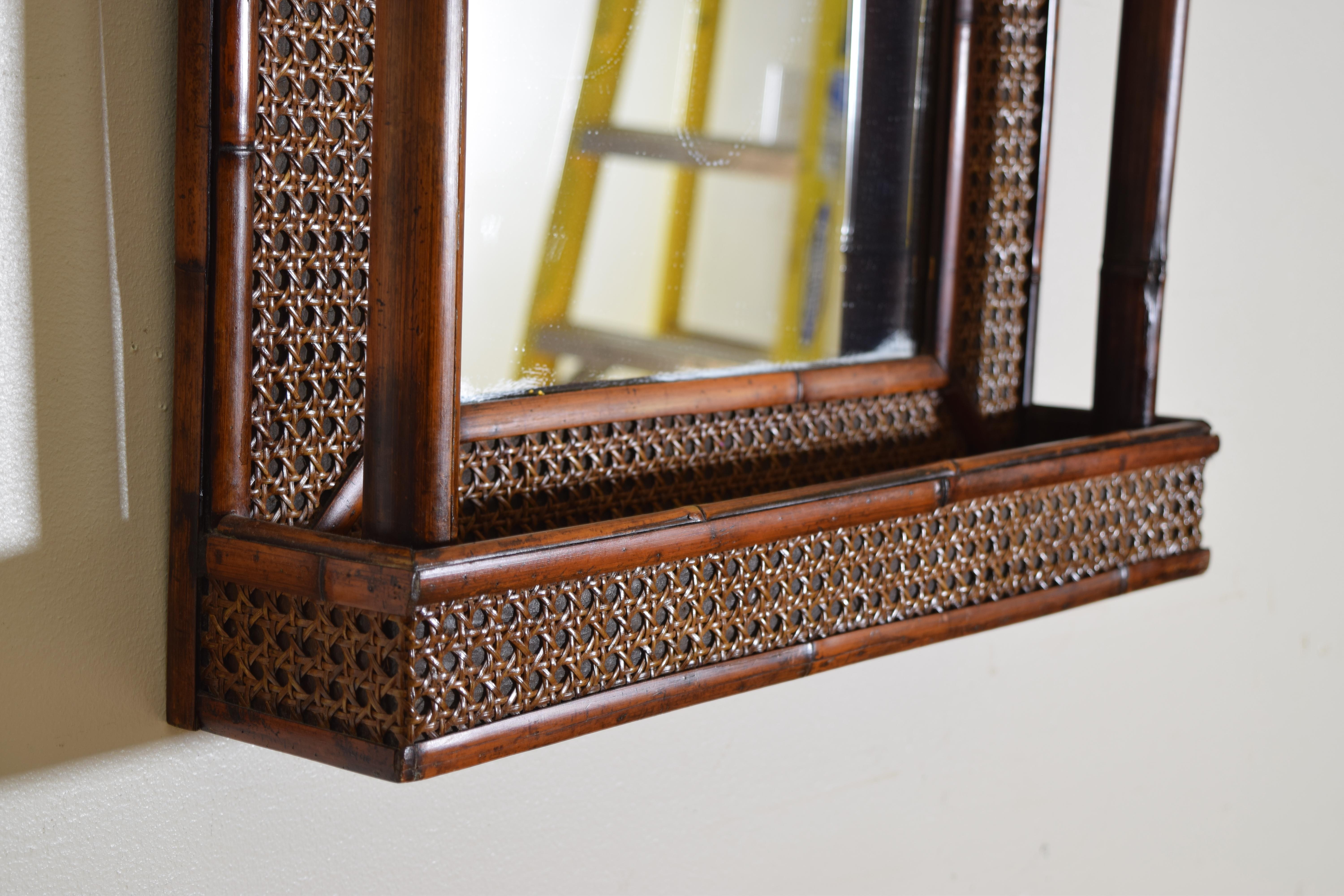 English Rattan, Faux Bamboo, and Brass Pagoda Shaped Mirror with Storage Area 1