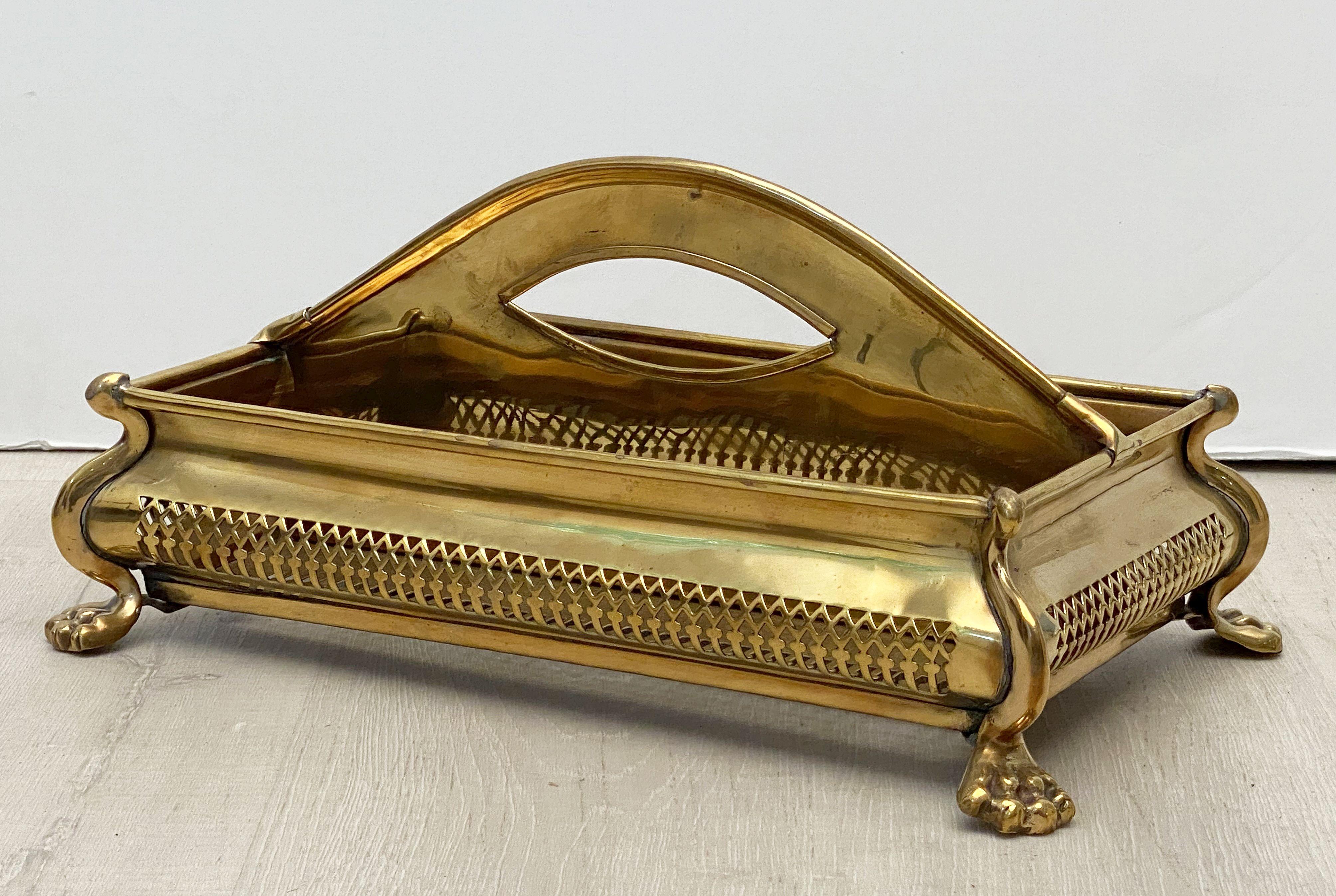Metal English Rectangular Cutlery Tray of Brass on Lion's Paw Feet