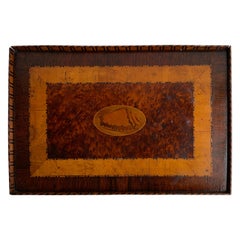 Antique English Rectangular Inlaid Serving Tray With Conch Decor, 19th Century
