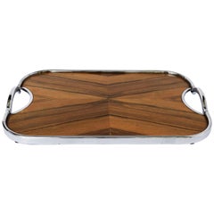 English Rectangular Serving Tray of Wood and Chrome from the Art Deco Period