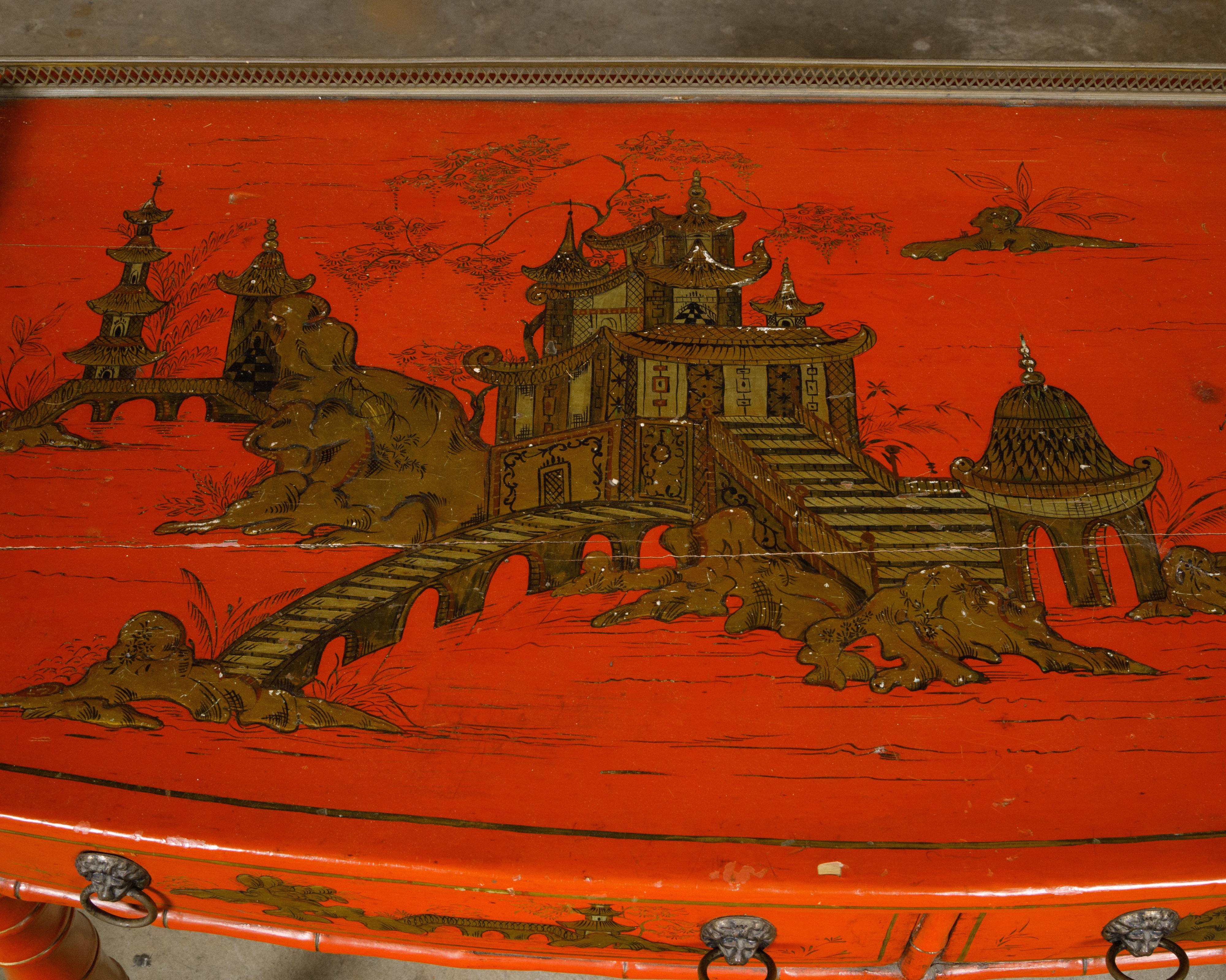 Englischer Rotlack-Schreibtisch aus Bambusimitat des 19. Jahrhunderts mit vergoldetem Chinoiserie-Dekor im Angebot 9