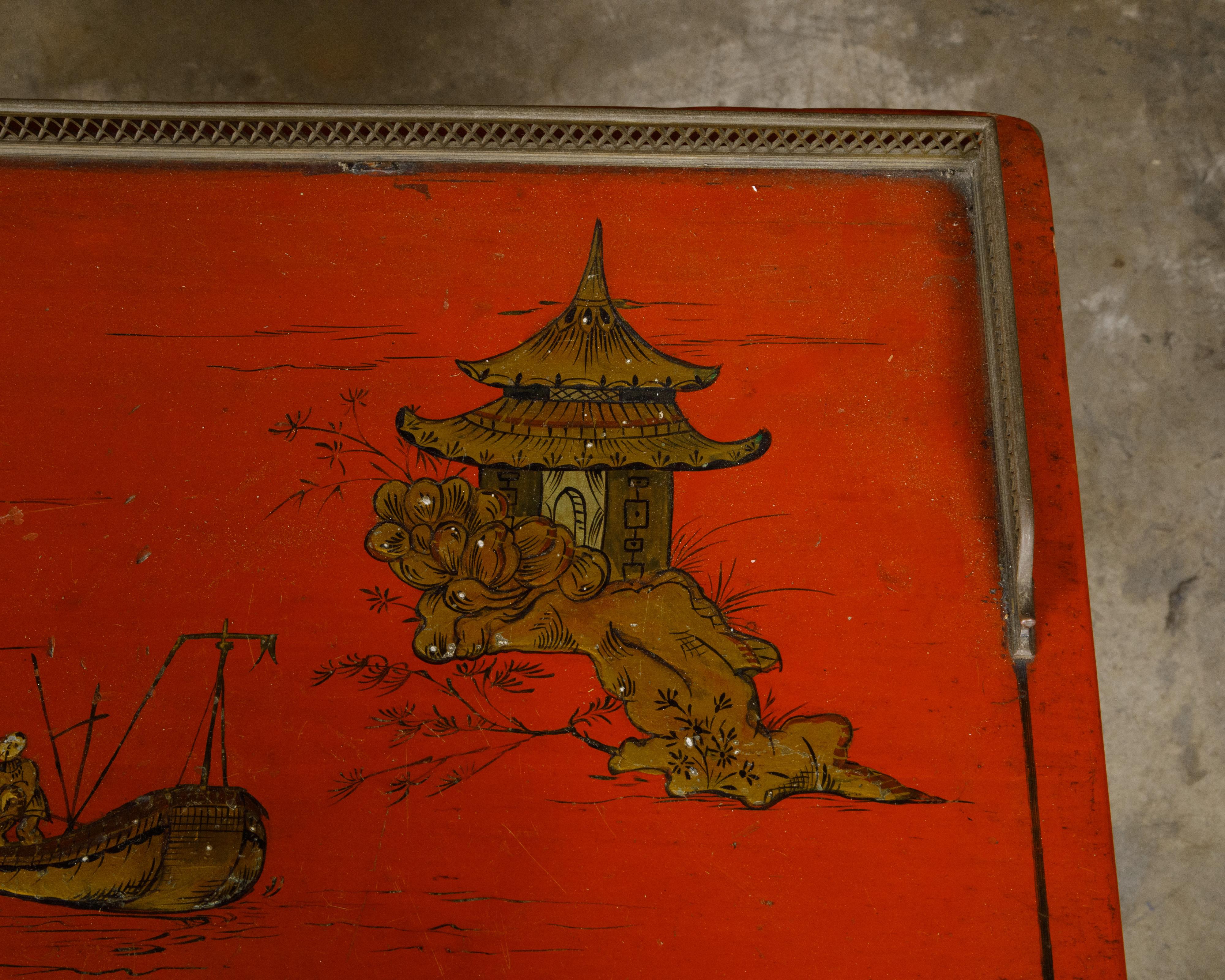 Englischer Rotlack-Schreibtisch aus Bambusimitat des 19. Jahrhunderts mit vergoldetem Chinoiserie-Dekor im Angebot 10