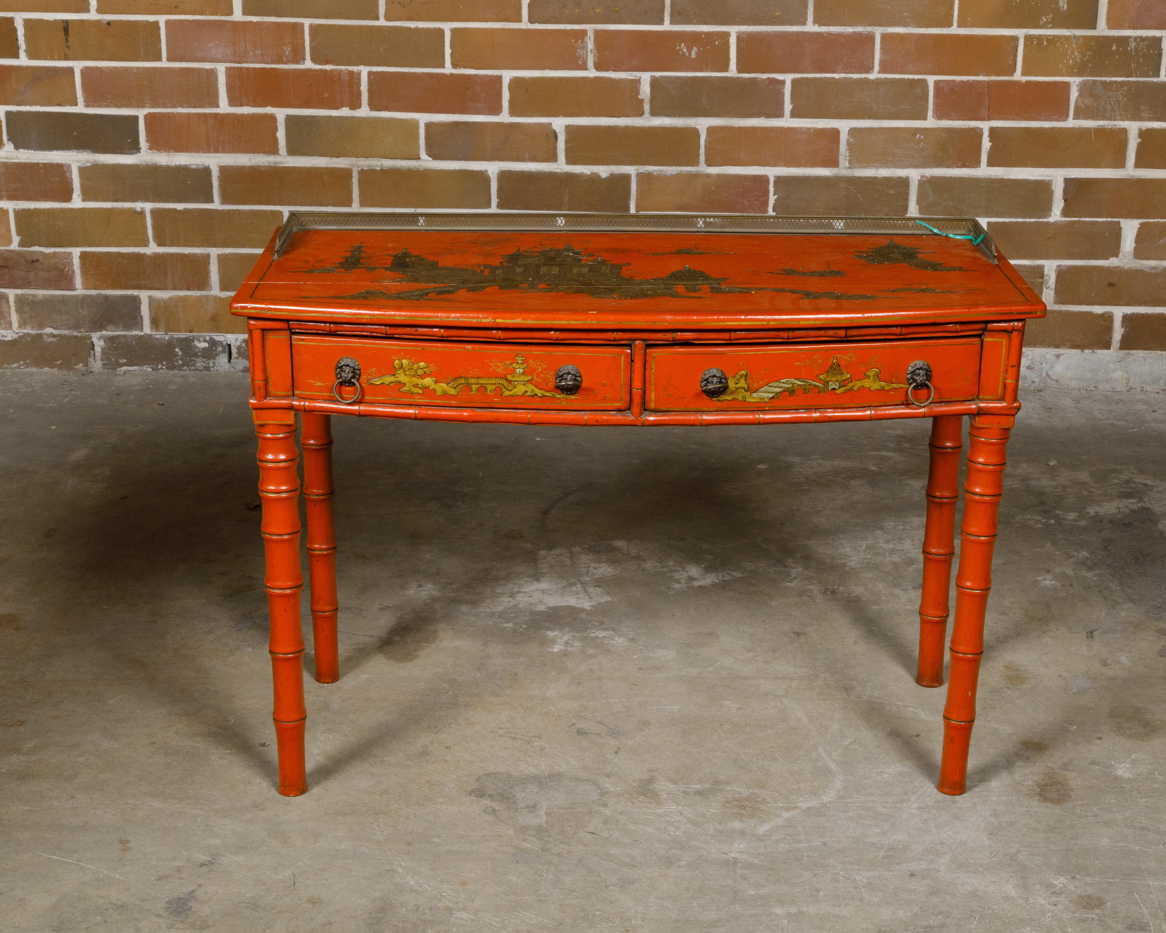 Englischer Rotlack-Schreibtisch aus Bambusimitat des 19. Jahrhunderts mit vergoldetem Chinoiserie-Dekor im Angebot 11