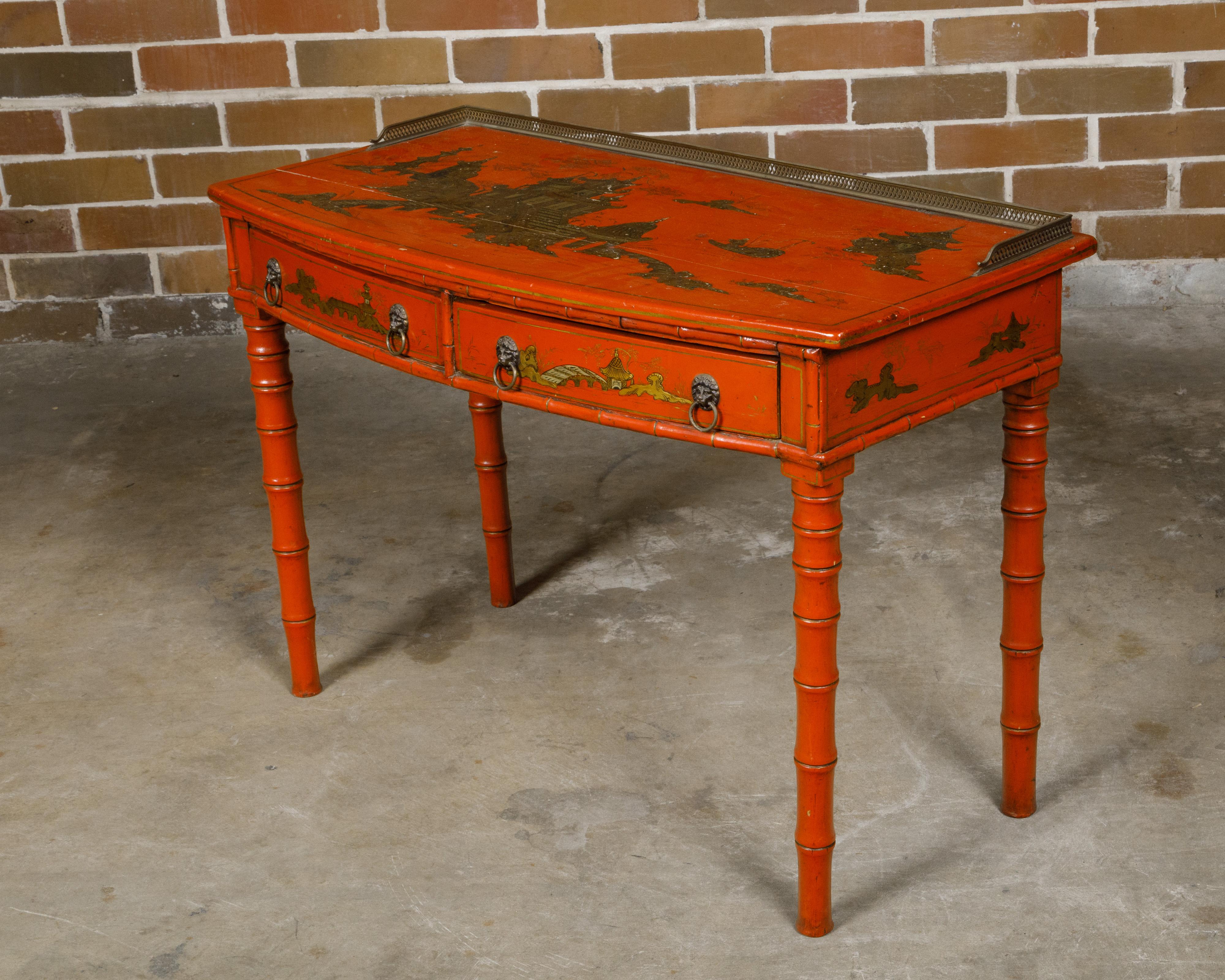 Englischer Rotlack-Schreibtisch aus Bambusimitat des 19. Jahrhunderts mit vergoldetem Chinoiserie-Dekor im Angebot 1
