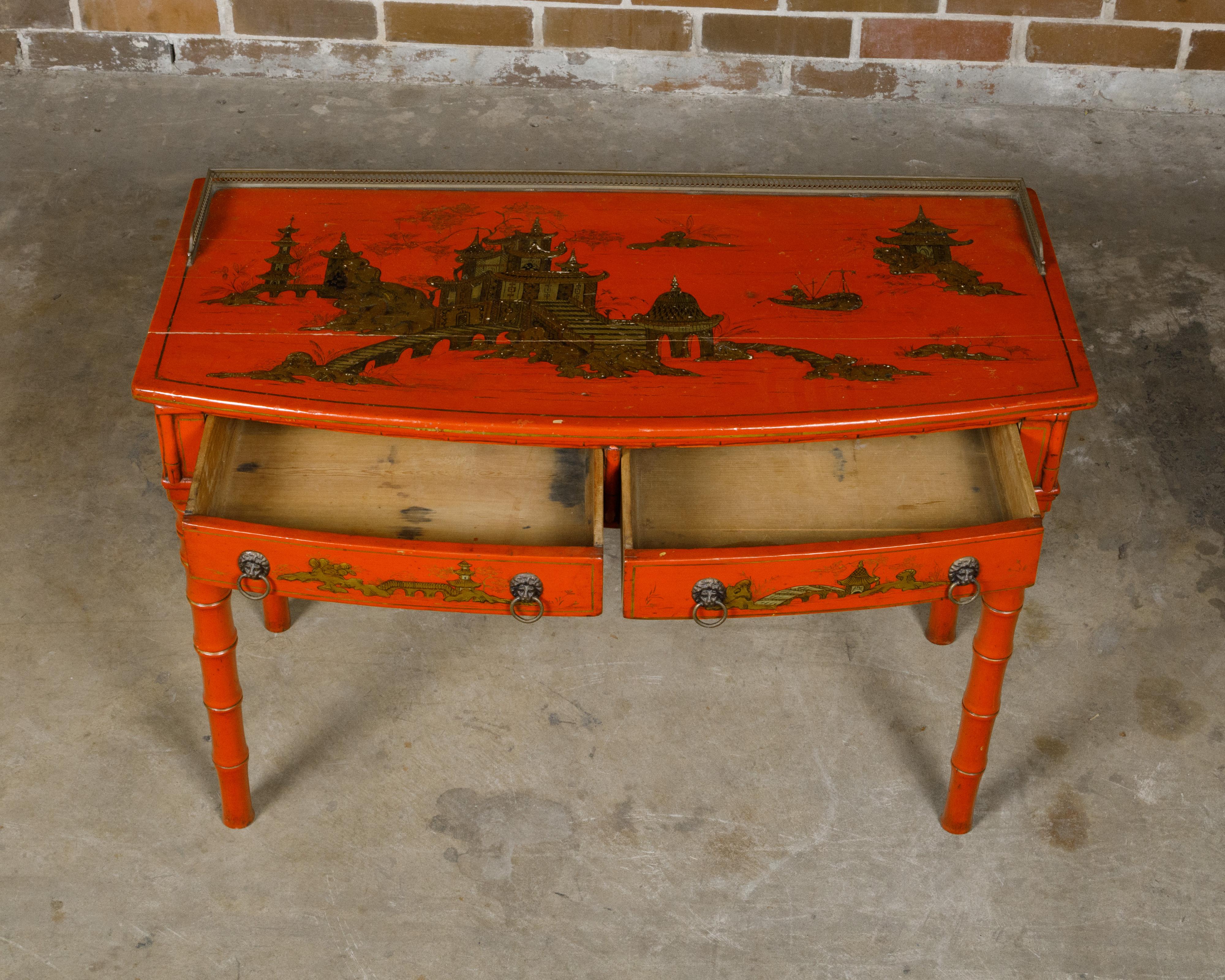 Englischer Rotlack-Schreibtisch aus Bambusimitat des 19. Jahrhunderts mit vergoldetem Chinoiserie-Dekor im Angebot 2
