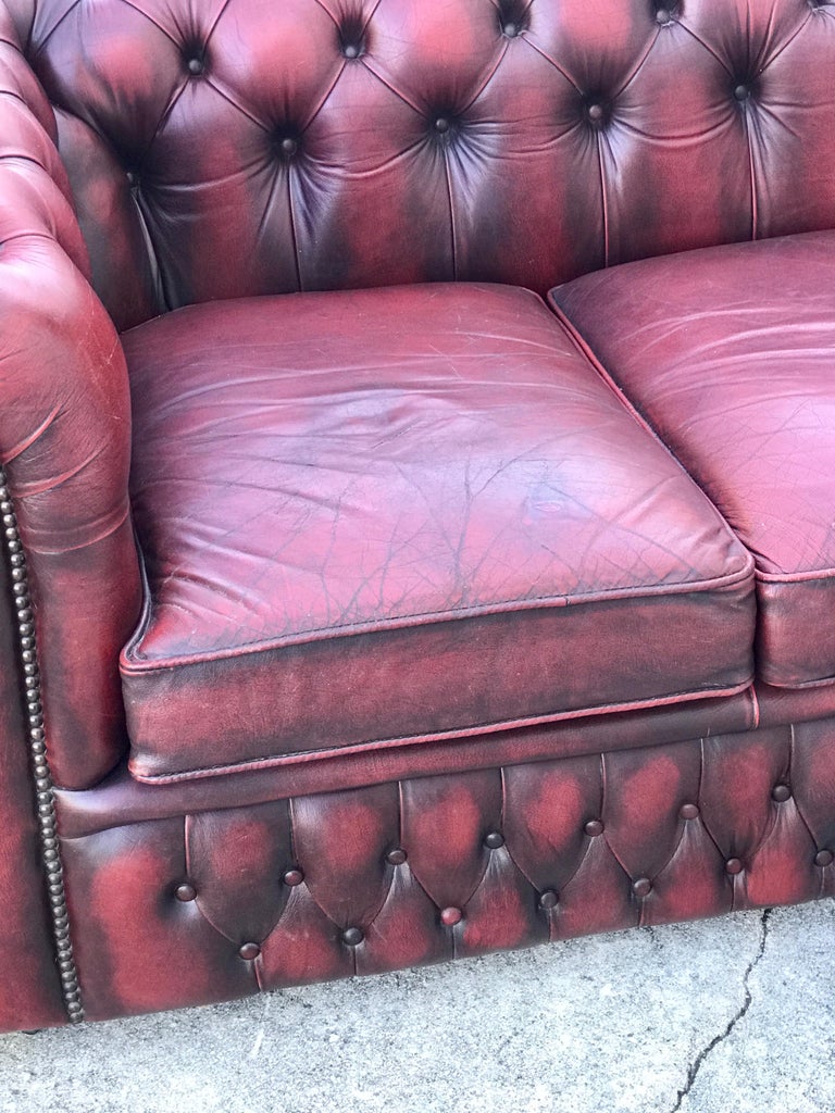 English Red Leather Chesterfield Sofa For Sale at 1stdibs