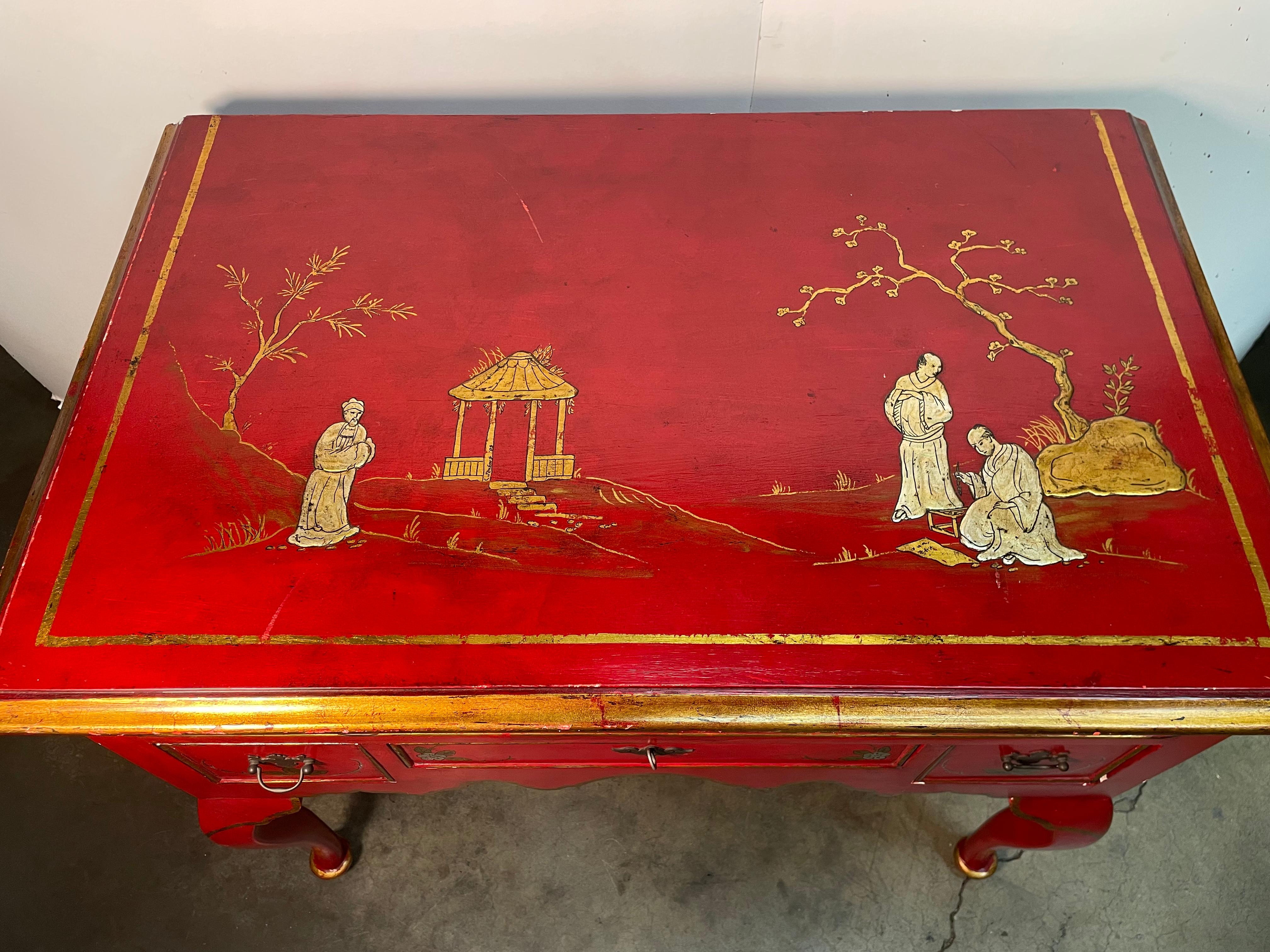 Chinoiserie English Red Mini Kneehole Desk For Sale