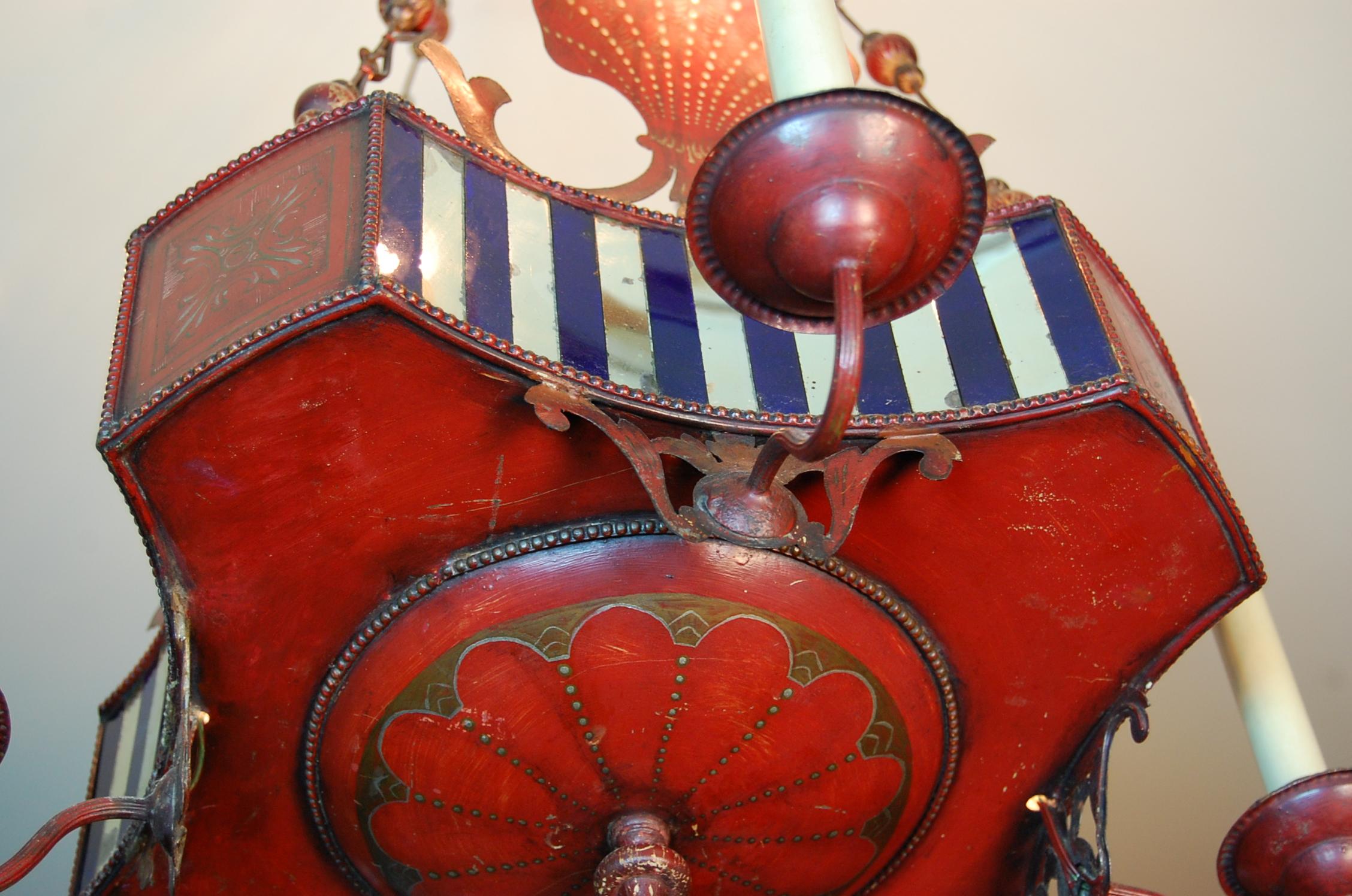 French Red Painted & Decorated Tole Chandelier with Mirrored Panels, circa 1900 For Sale 3