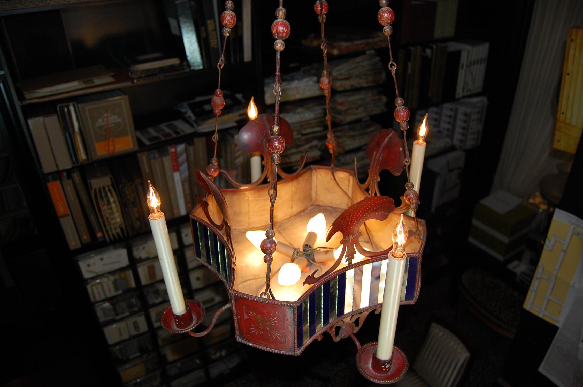 French Red Painted & Decorated Tole Chandelier with Mirrored Panels, circa 1900 For Sale 8