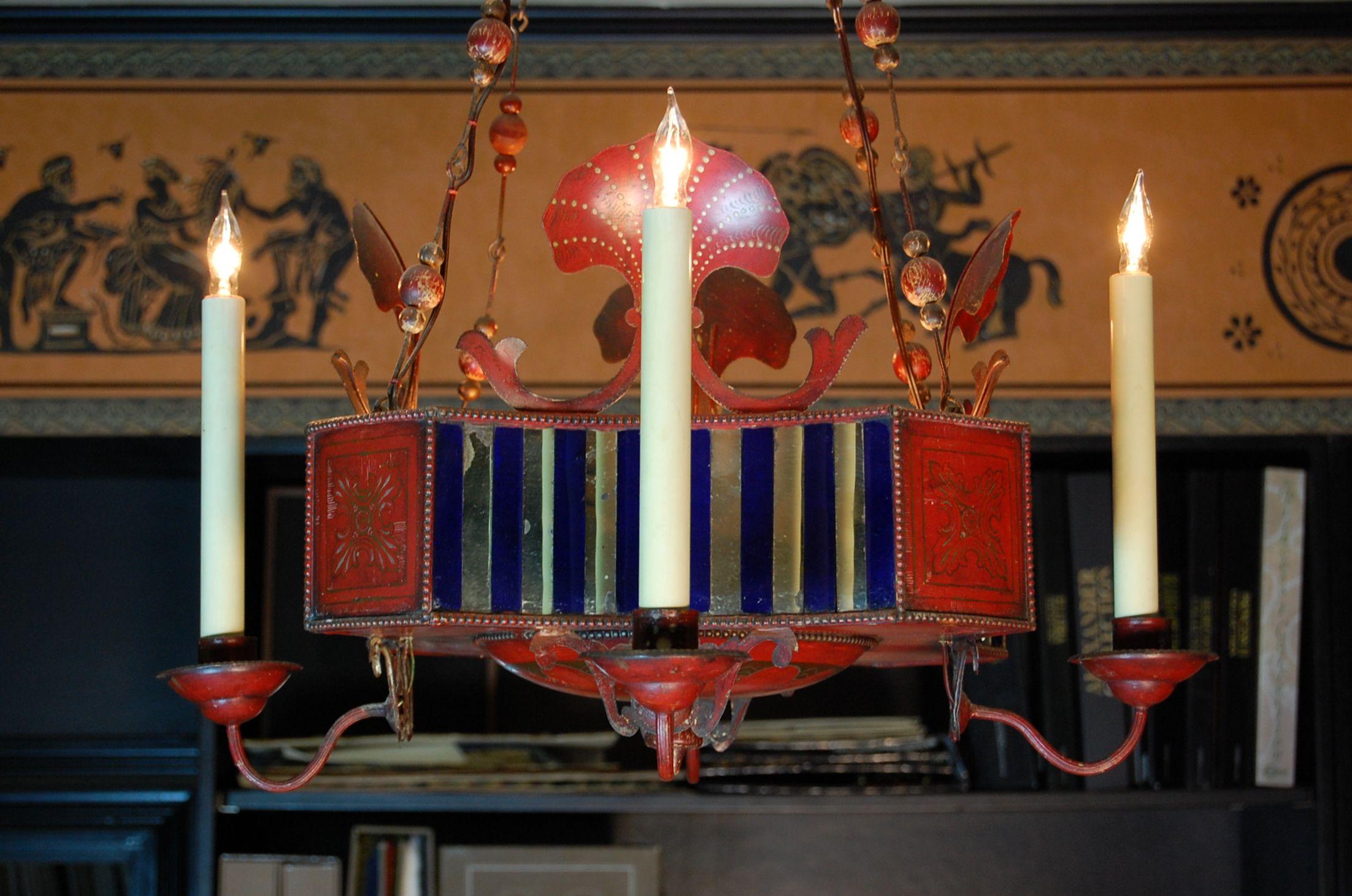 Hand-Crafted French Red Painted & Decorated Tole Chandelier with Mirrored Panels, circa 1900 For Sale