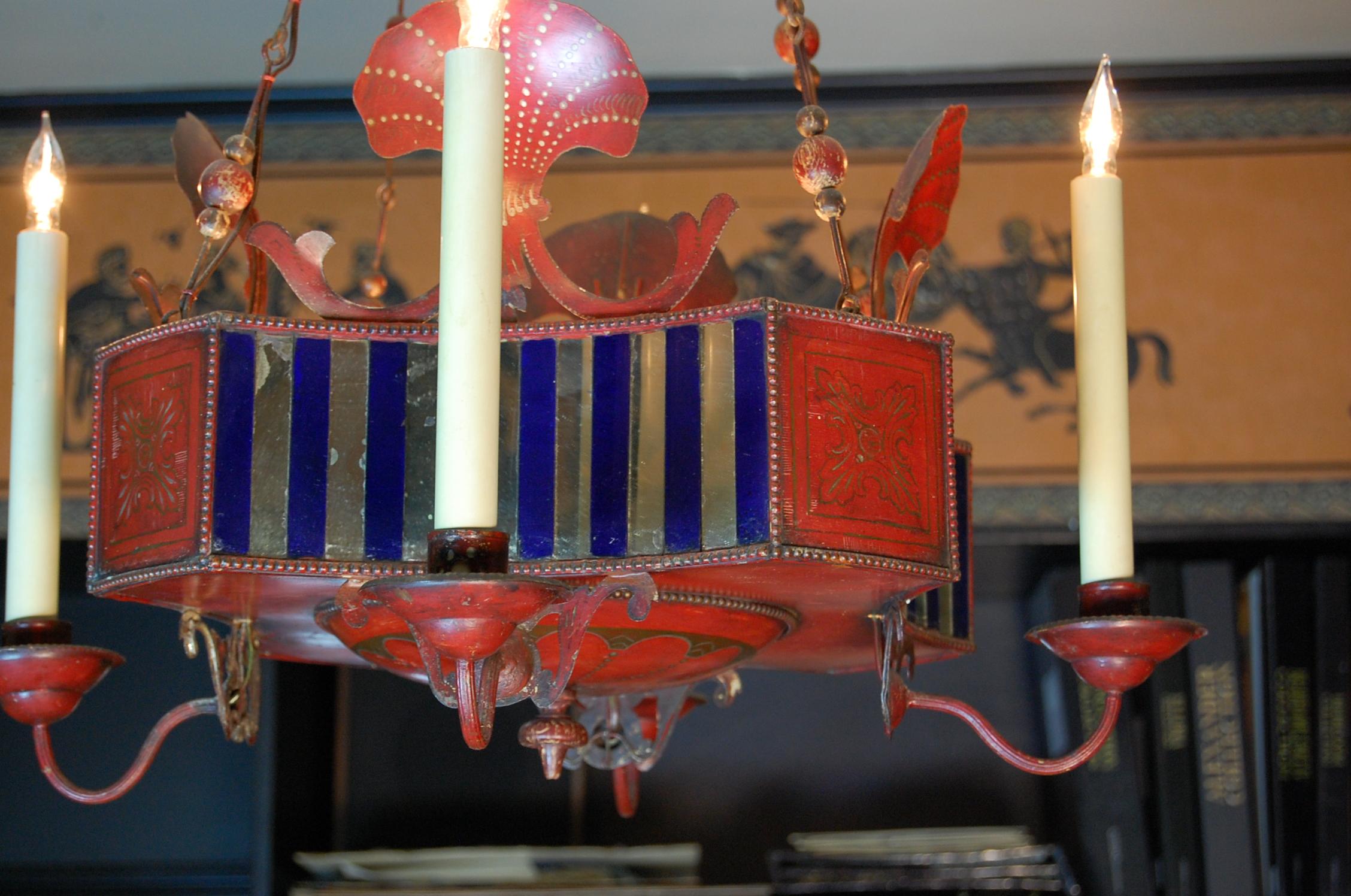 Early 20th Century French Red Painted & Decorated Tole Chandelier with Mirrored Panels, circa 1900 For Sale