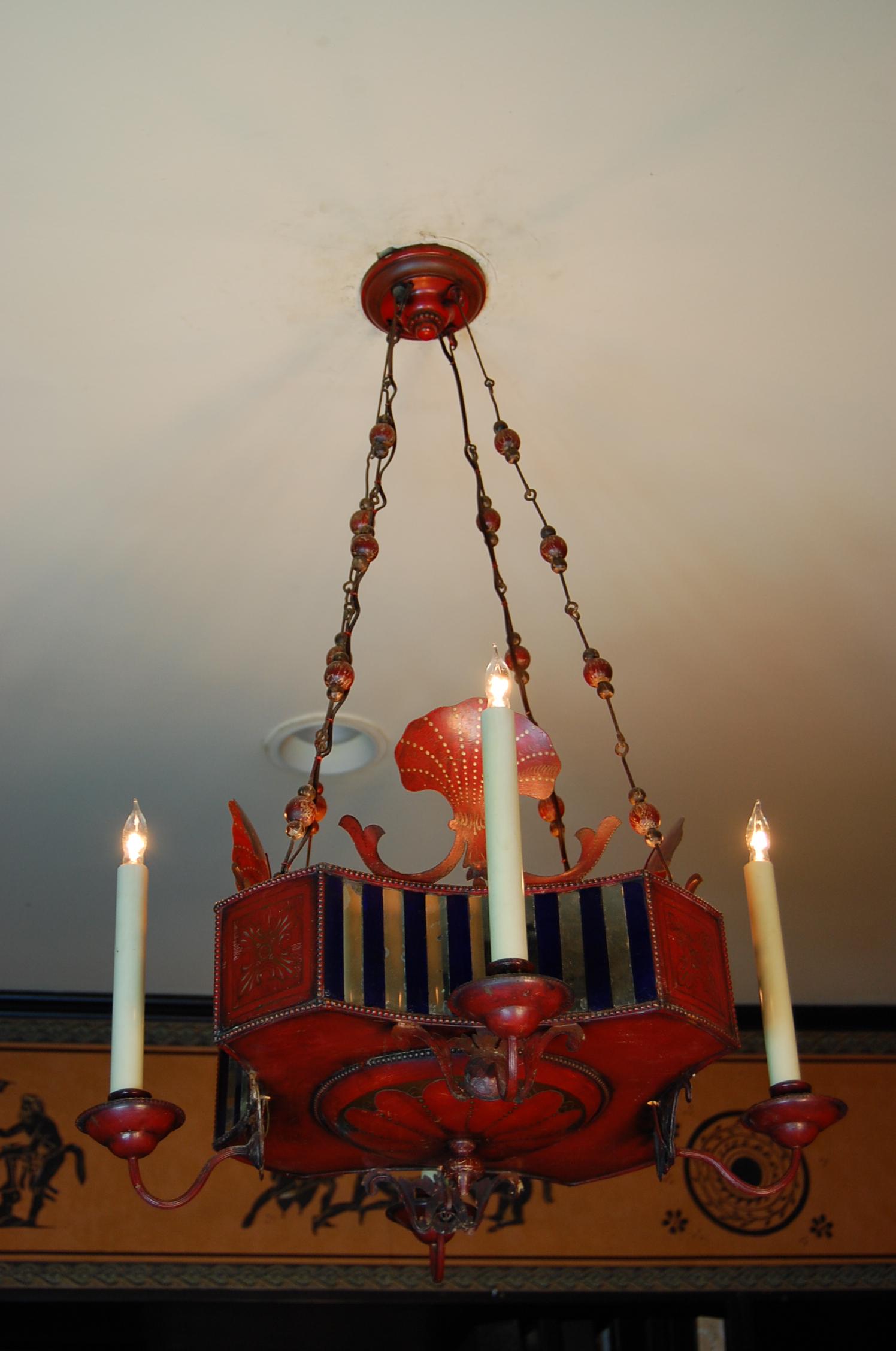 Steel French Red Painted & Decorated Tole Chandelier with Mirrored Panels, circa 1900 For Sale