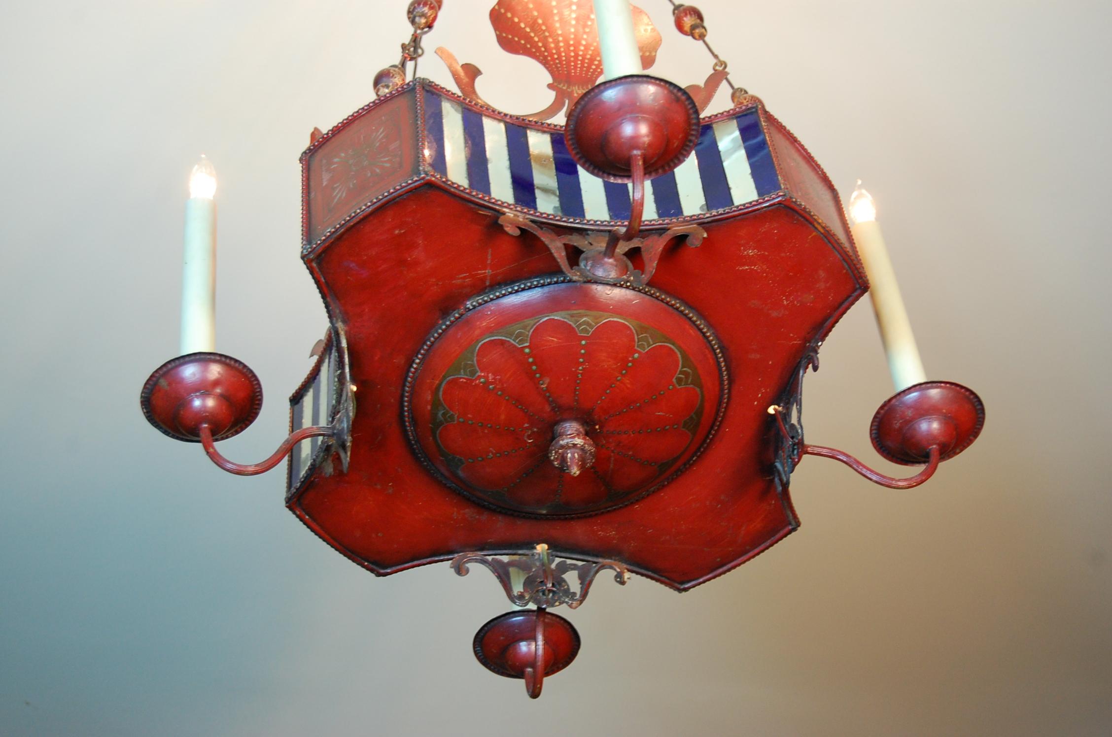French Red Painted & Decorated Tole Chandelier with Mirrored Panels, circa 1900 For Sale 1