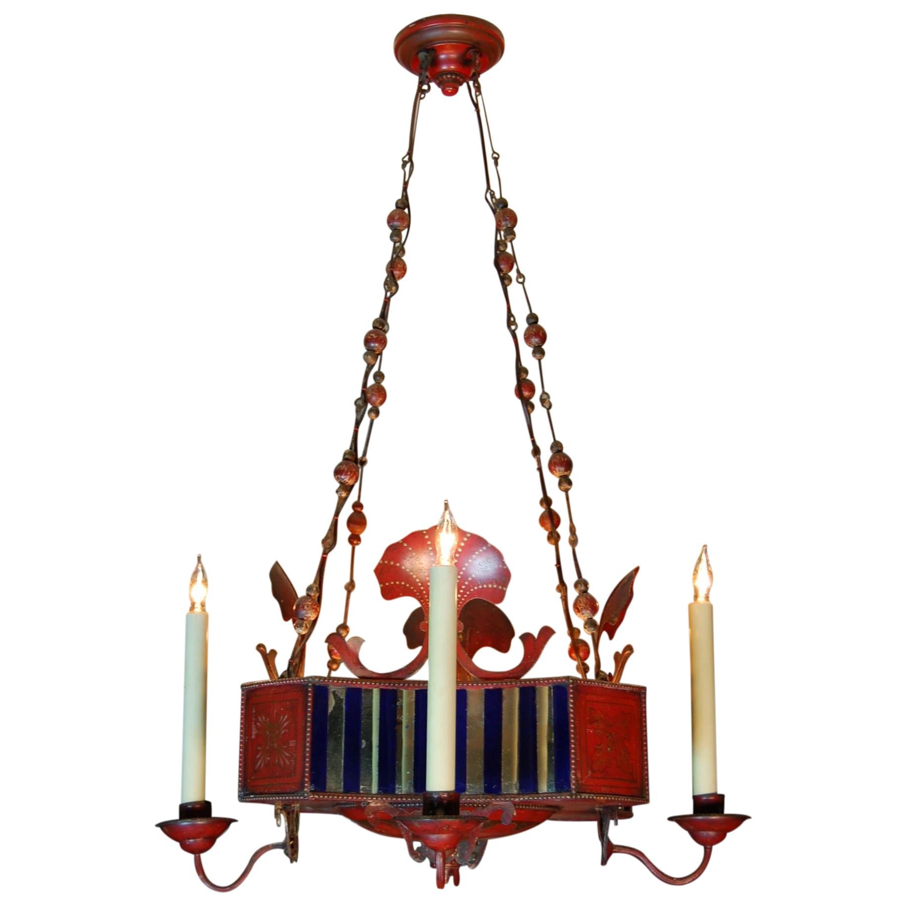 French Red Painted & Decorated Tole Chandelier with Mirrored Panels, circa 1900 For Sale