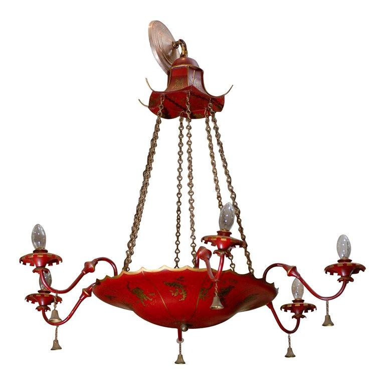 English Red Tole Chandelier With Chinoiserie Decor