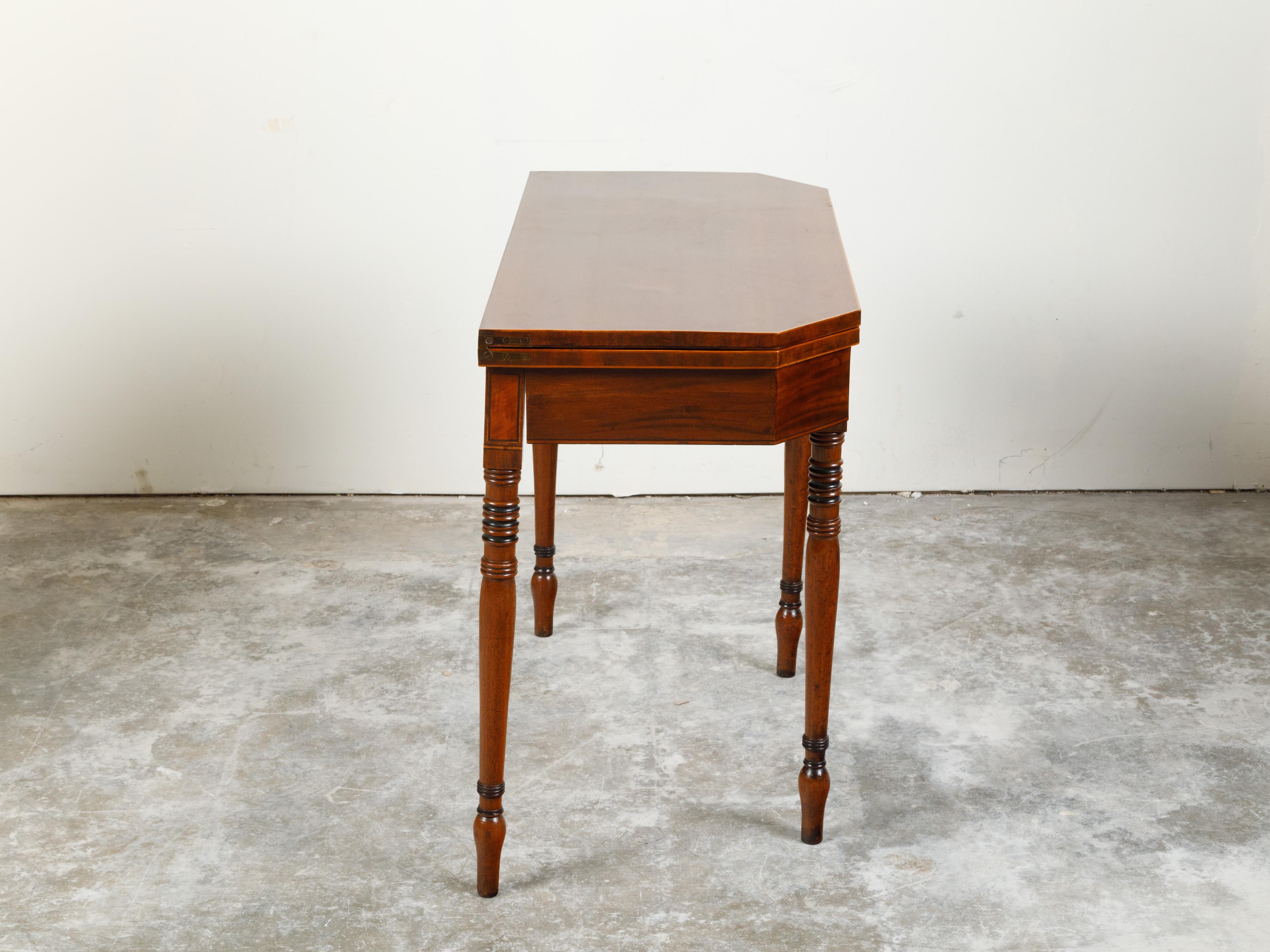 Wood English Regency 1820s Lift Top Console Table with Turned Legs and Arrow Feet For Sale