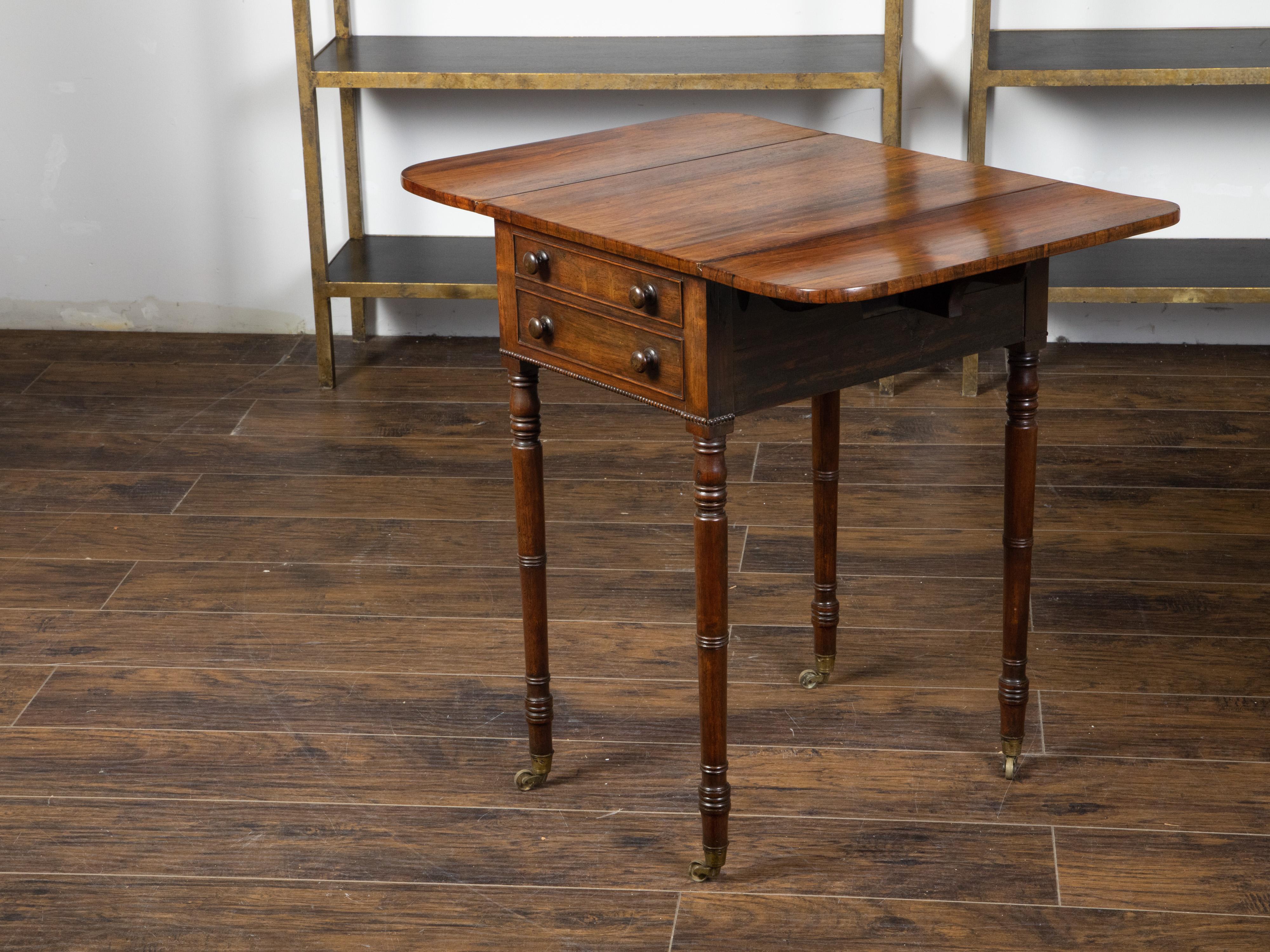 19th Century English Regency 1820s Mahogany Pembroke Table with Drop Leaves and Drawers For Sale