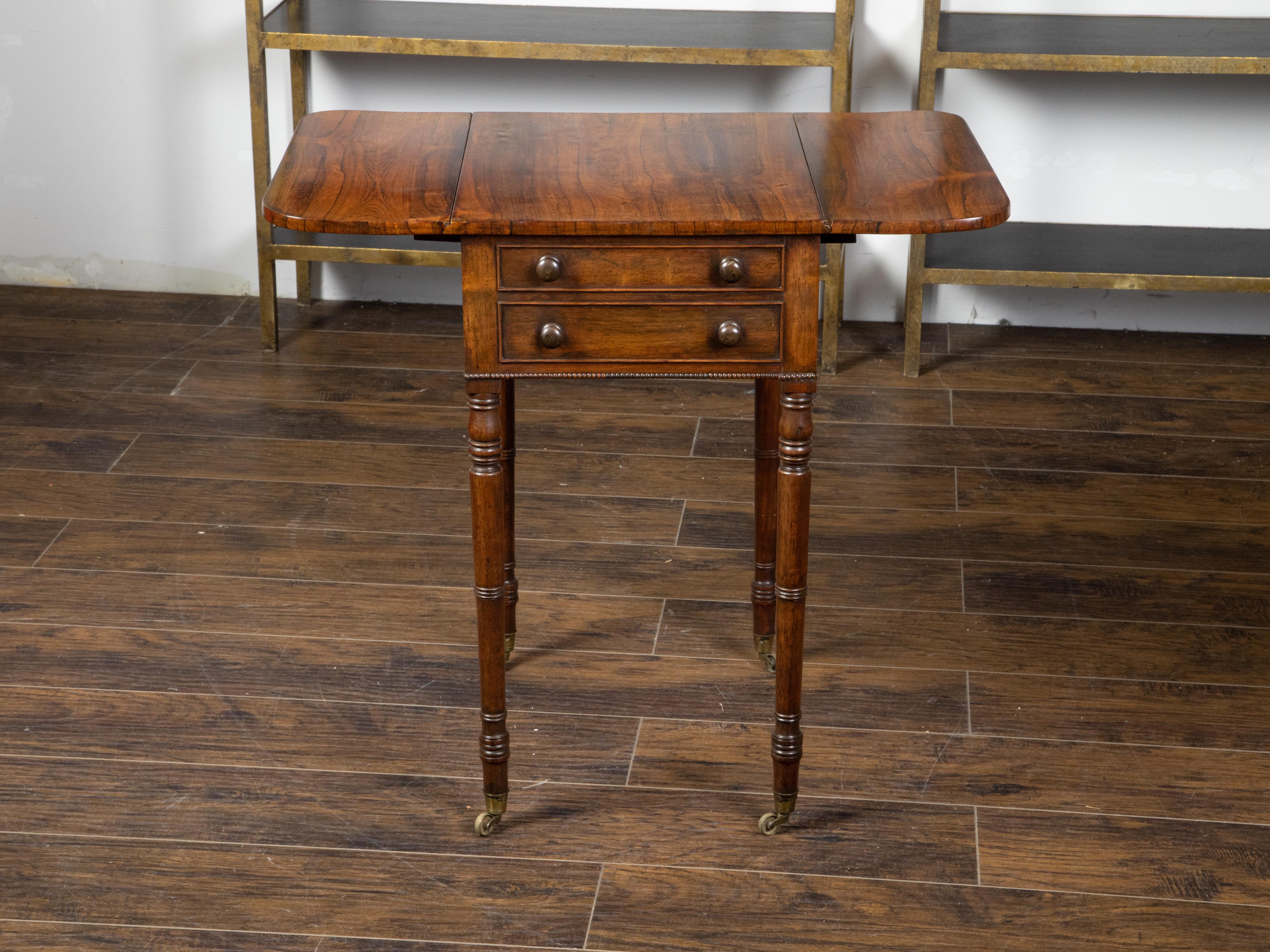 Brass English Regency 1820s Mahogany Pembroke Table with Drop Leaves and Drawers For Sale