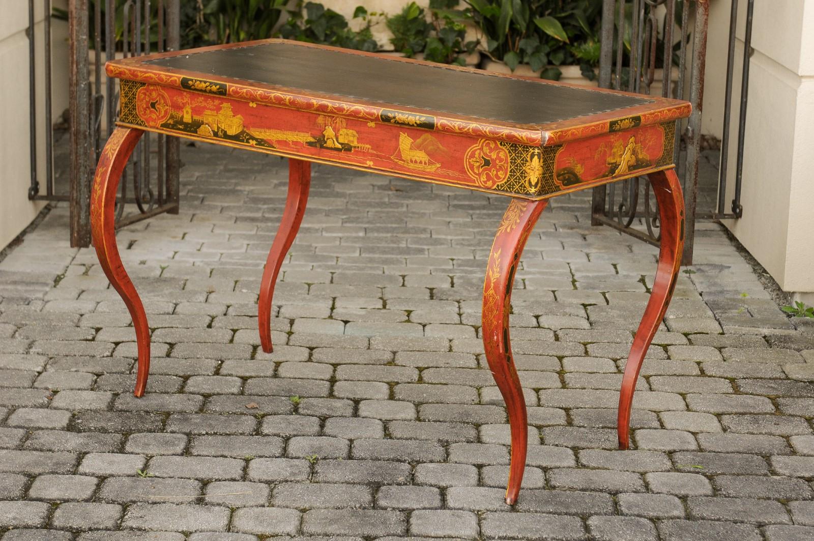 English Regency 1820s Table with Red Lacquered, Gold and Black Chinoiserie Decor For Sale 4