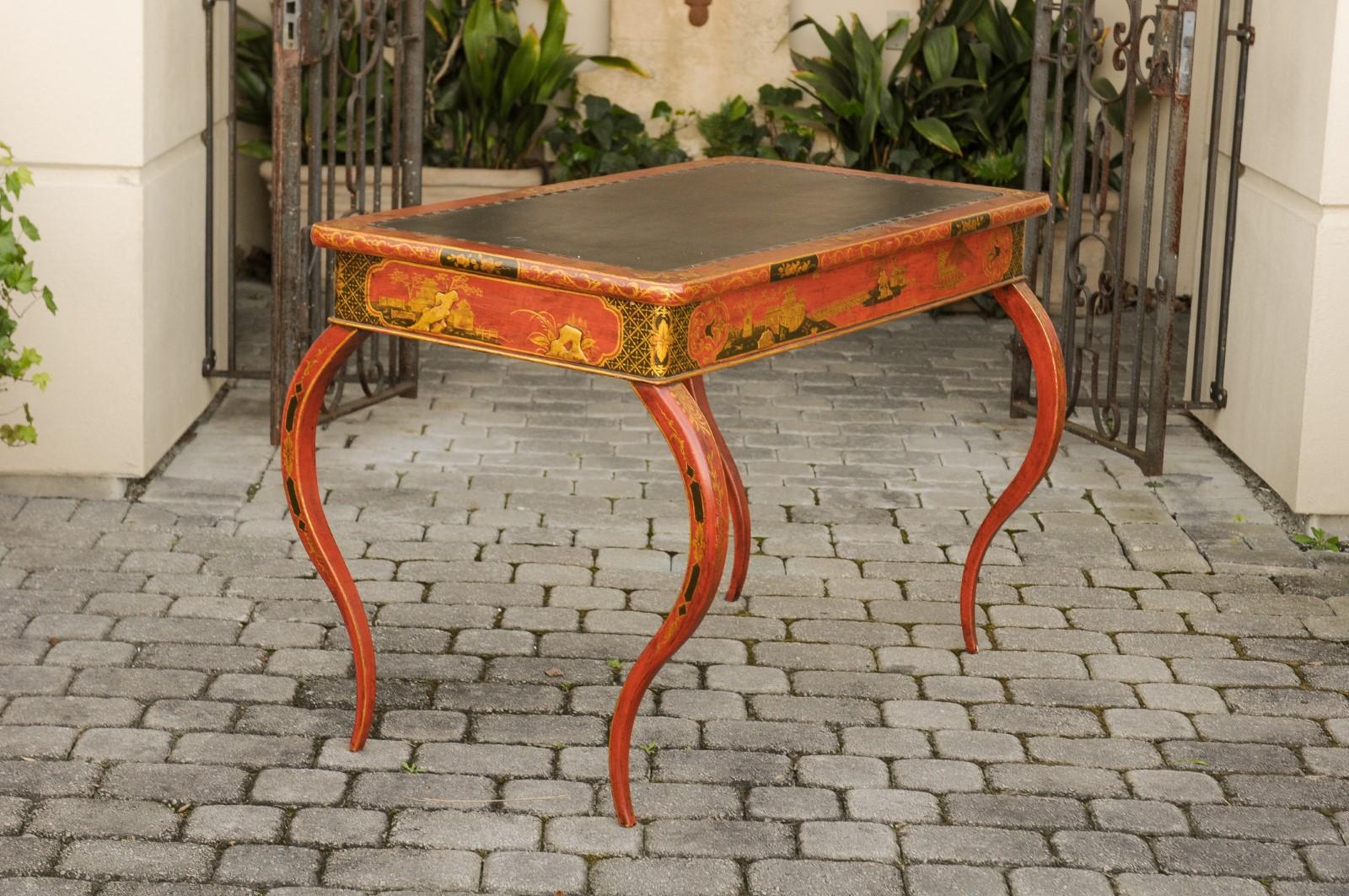 English Regency 1820s Table with Red Lacquered, Gold and Black Chinoiserie Decor For Sale 5