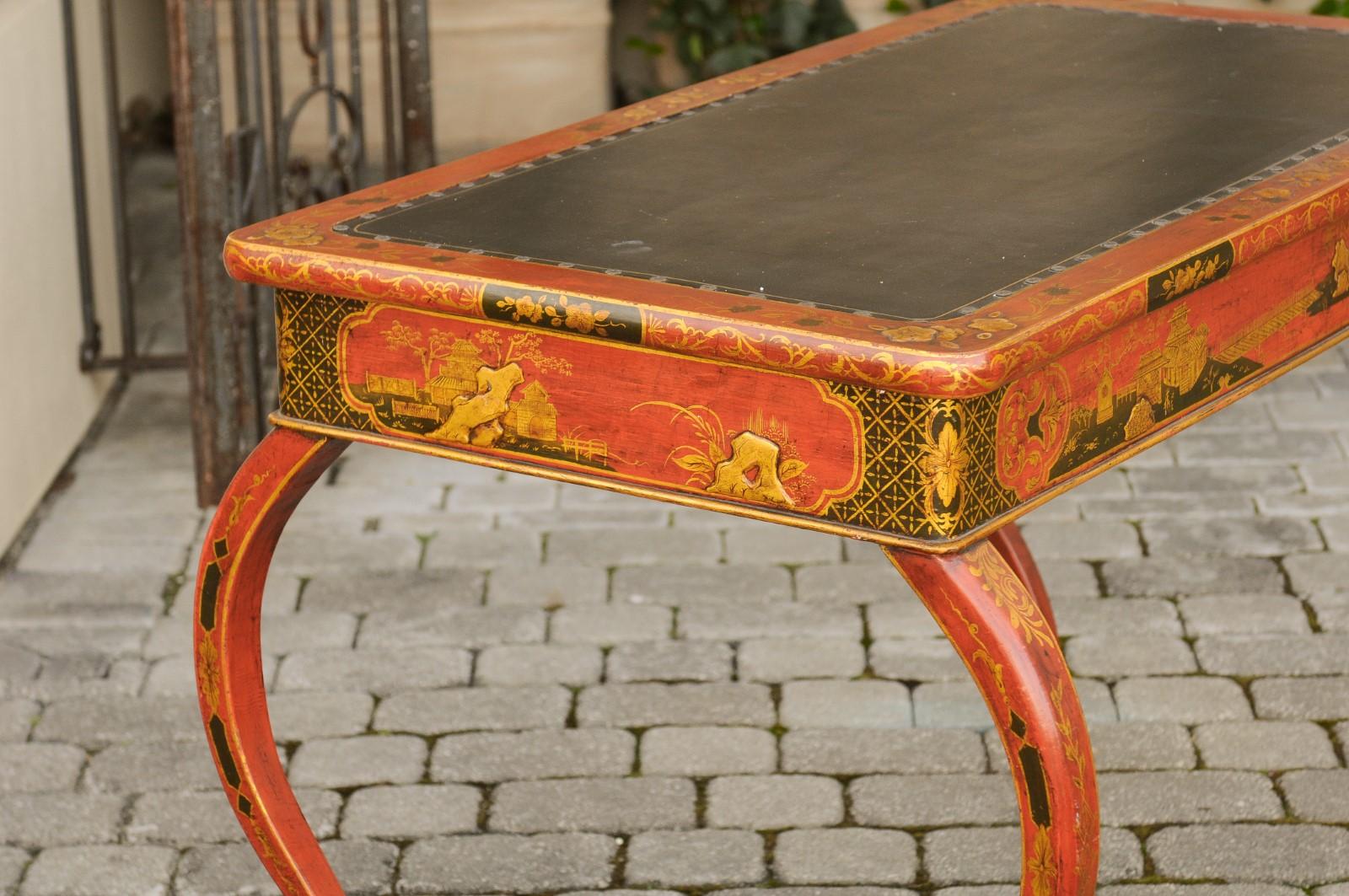 English Regency 1820s Table with Red Lacquered, Gold and Black Chinoiserie Decor For Sale 7